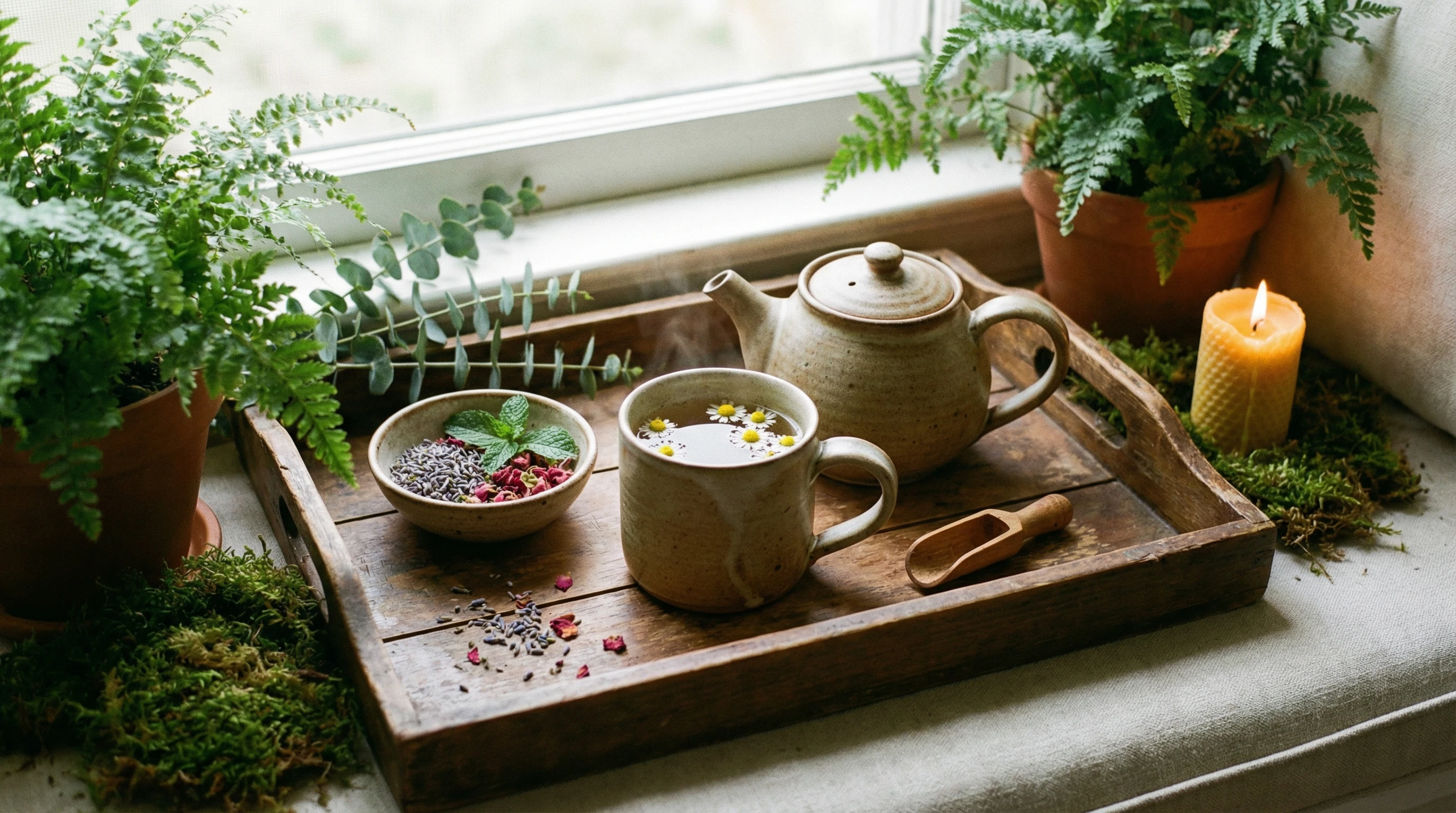 A calming tea set with loose leaf herbs and a steaming mug on a wooden tray.
