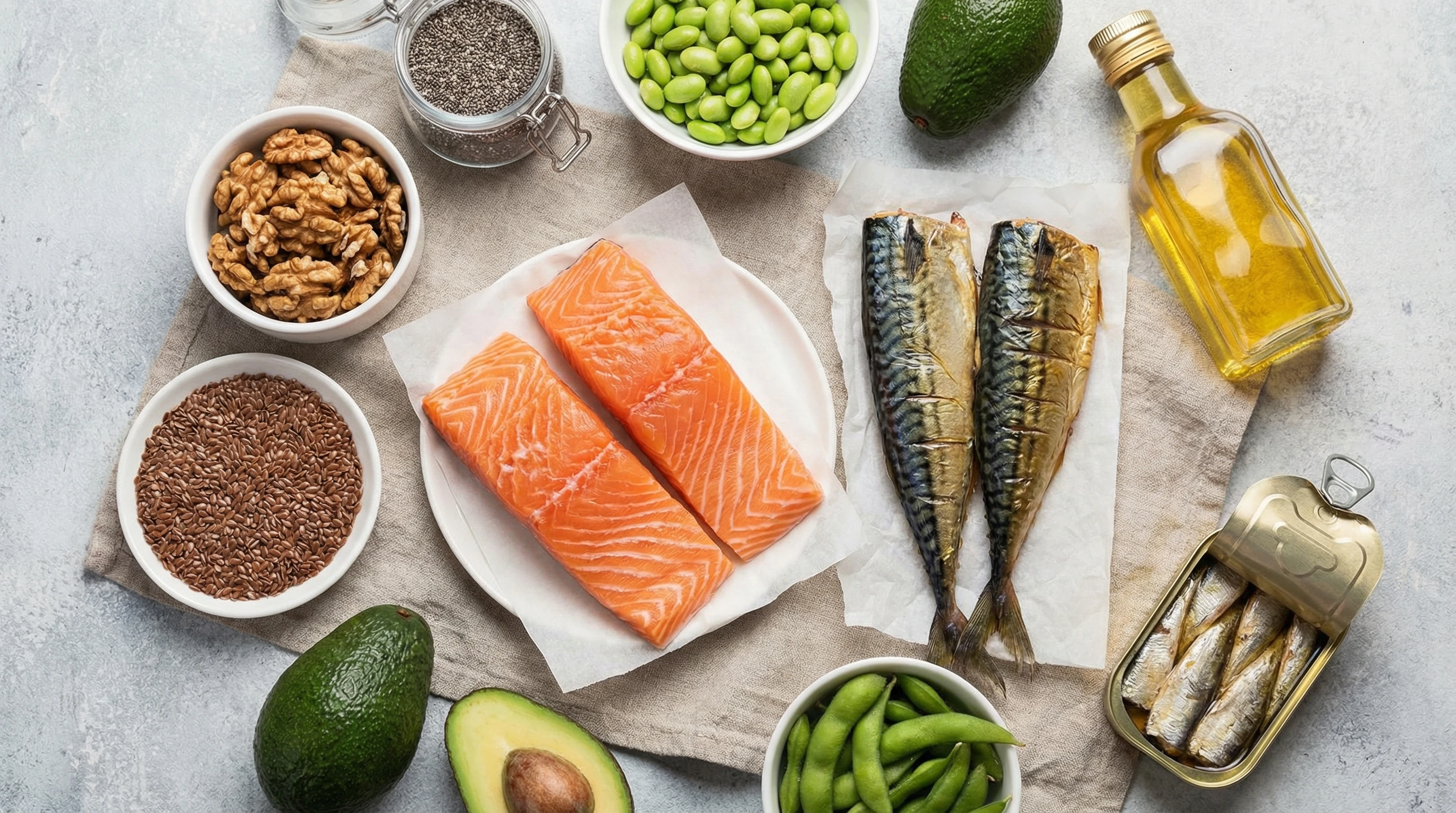 Assortment of omega-3-rich foods like salmon, walnuts, and chia seeds