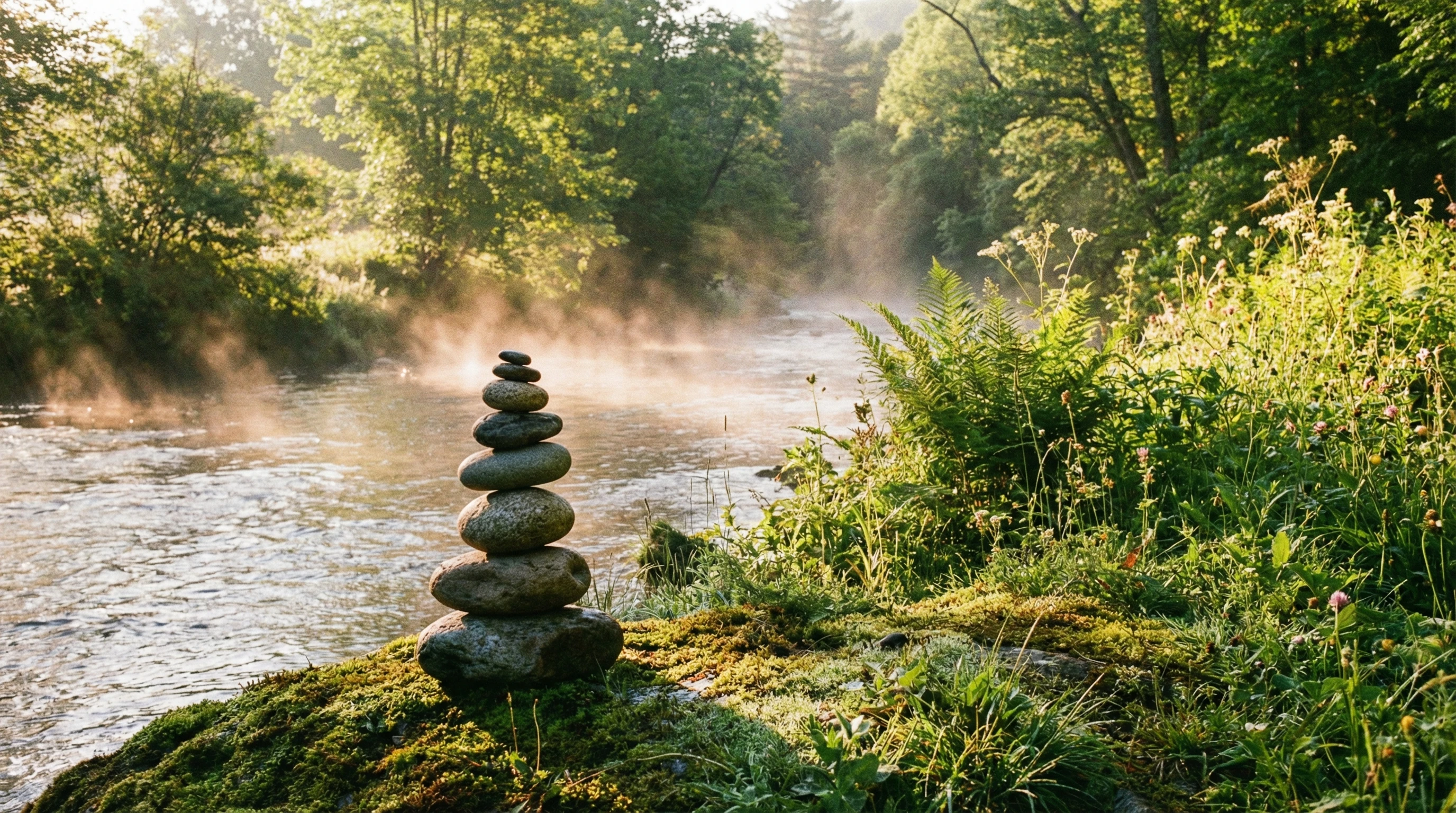 A calm landscape featuring stones stacked on a quiet riverside with lush greenery and gentle morning light.