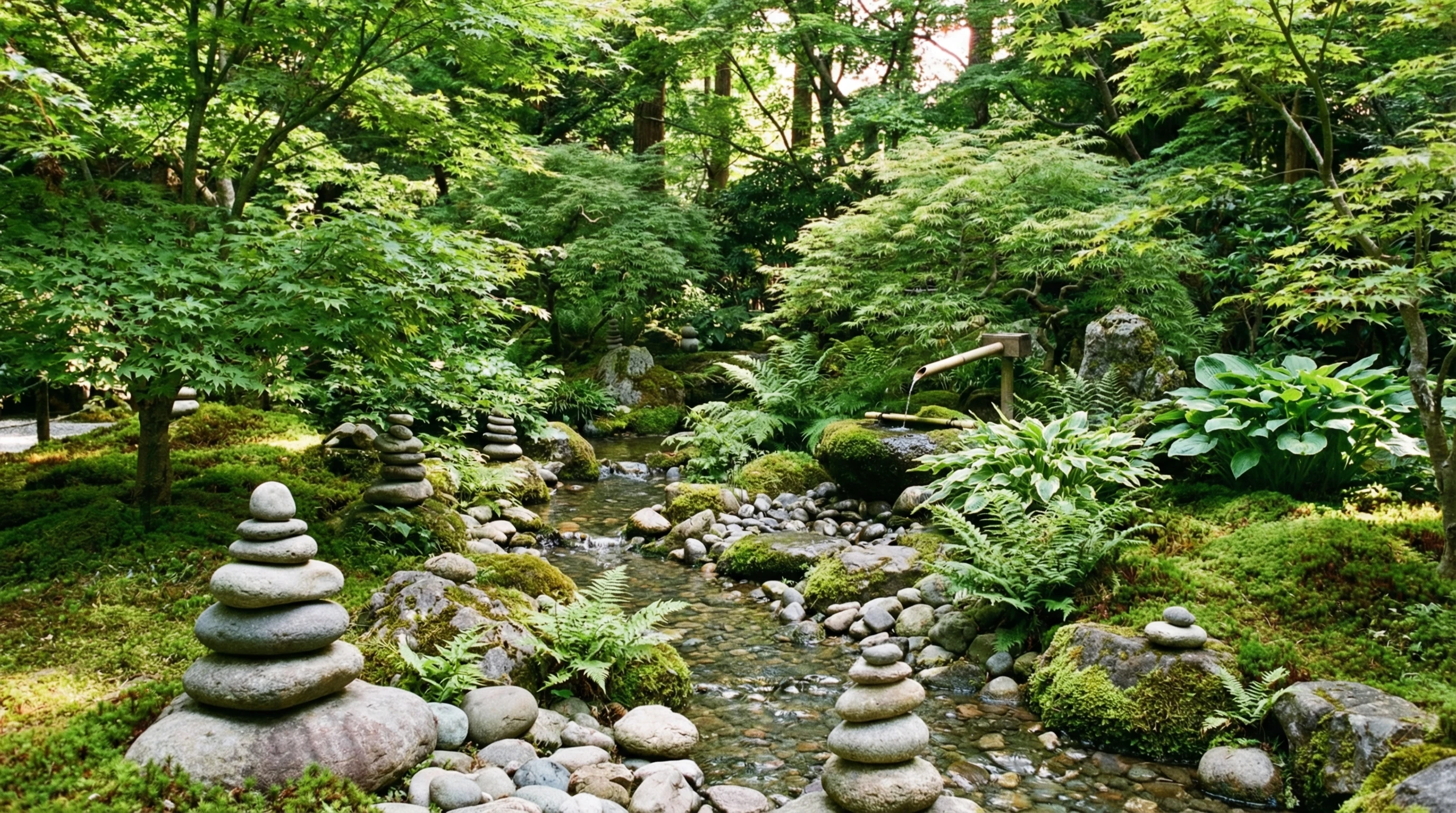 Calming landscape of a peaceful garden with zen stones, plants, and running water