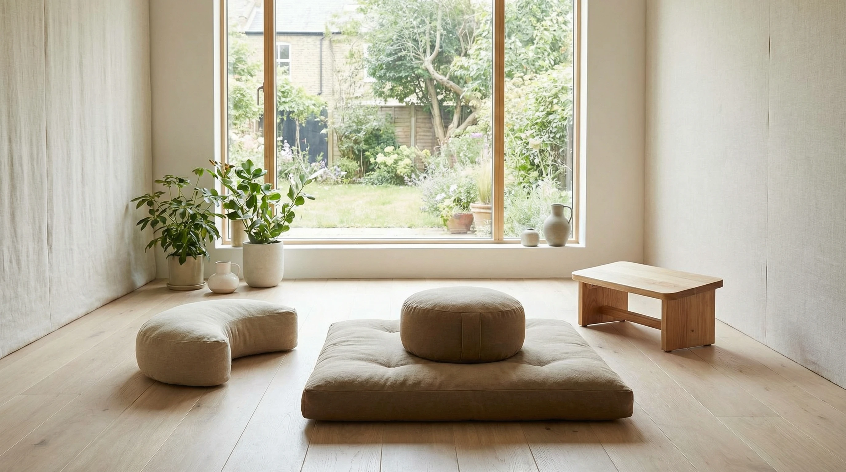 A display of meditation cushions and yoga props on a calm wooden floor.