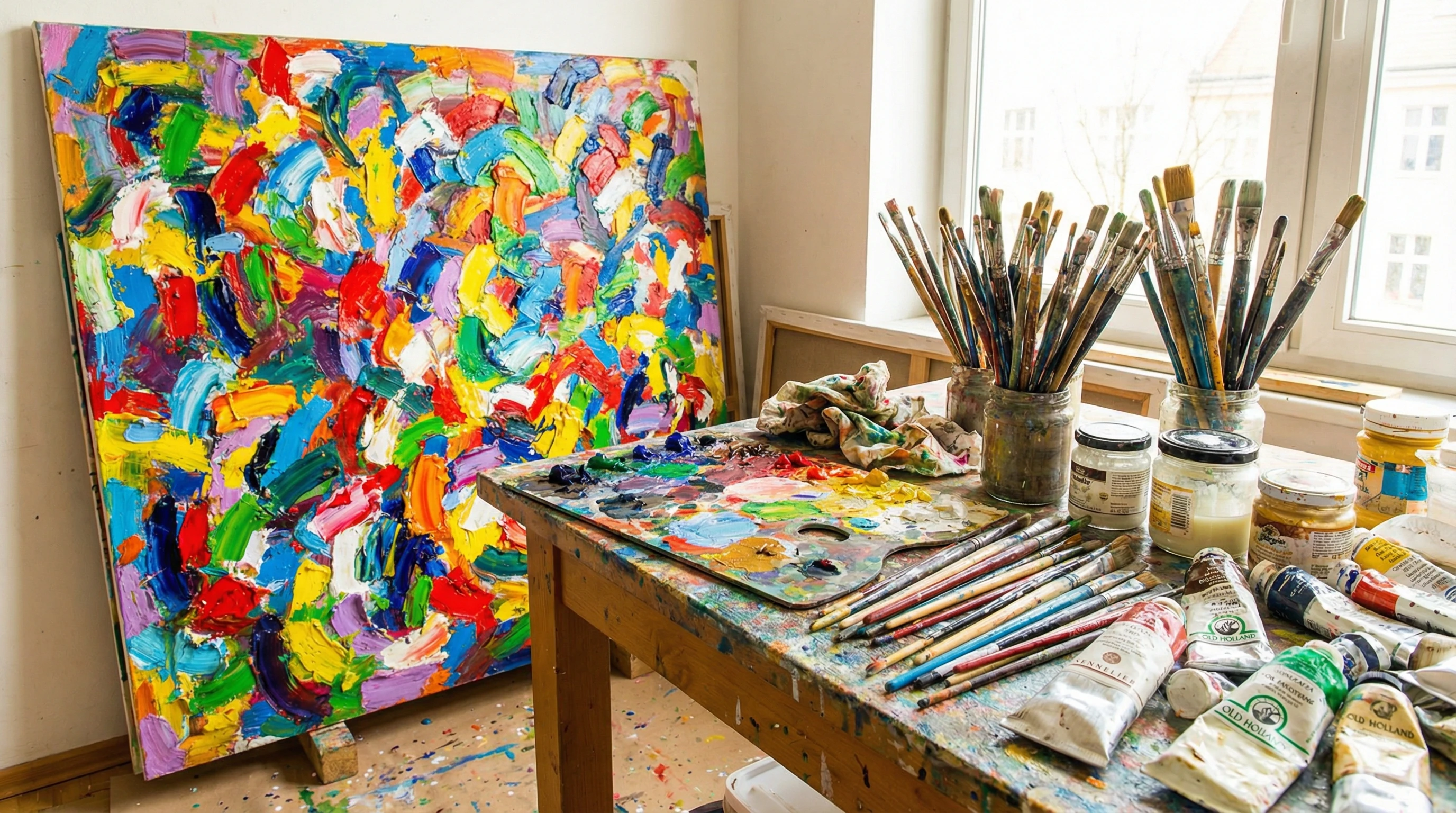 Colorful abstract painting supplies on a table