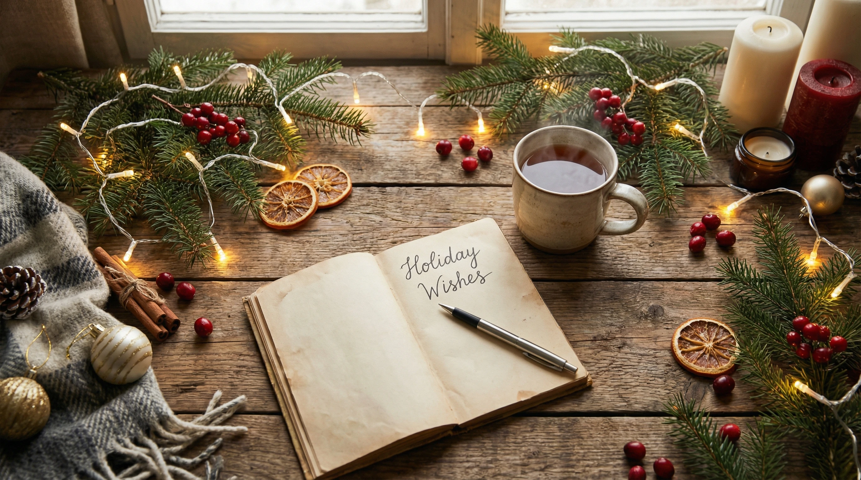 Cozy holiday setting with festive decorations, warm lights, and a cup of tea on a wooden table