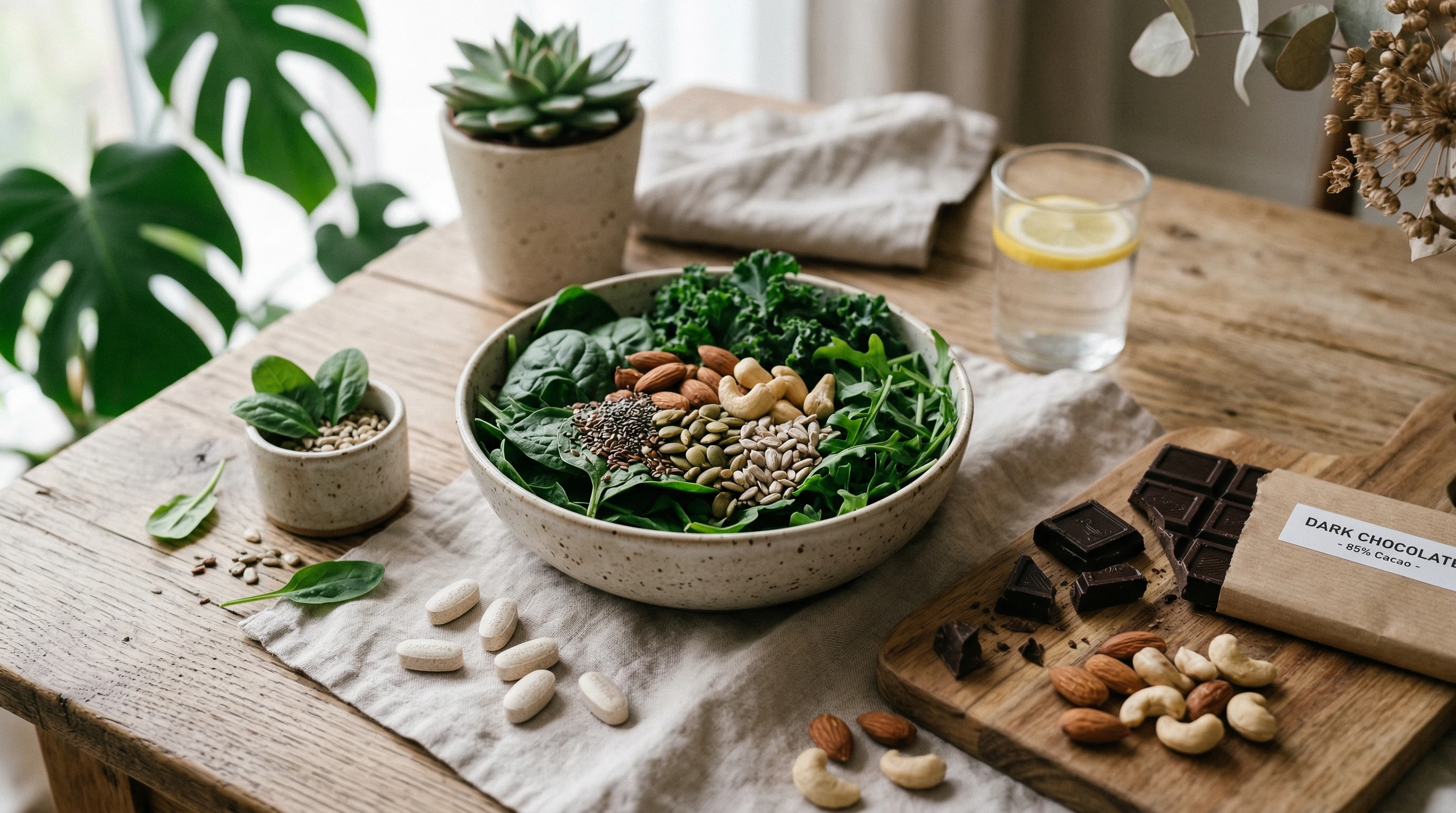 A calming arrangement of magnesium-rich foods such as leafy greens, seeds, nuts, and dark chocolate on a soft natural background. Magnesium supplement tablets are gently scattered nearby, evoking a sense of relaxation and tranquility.