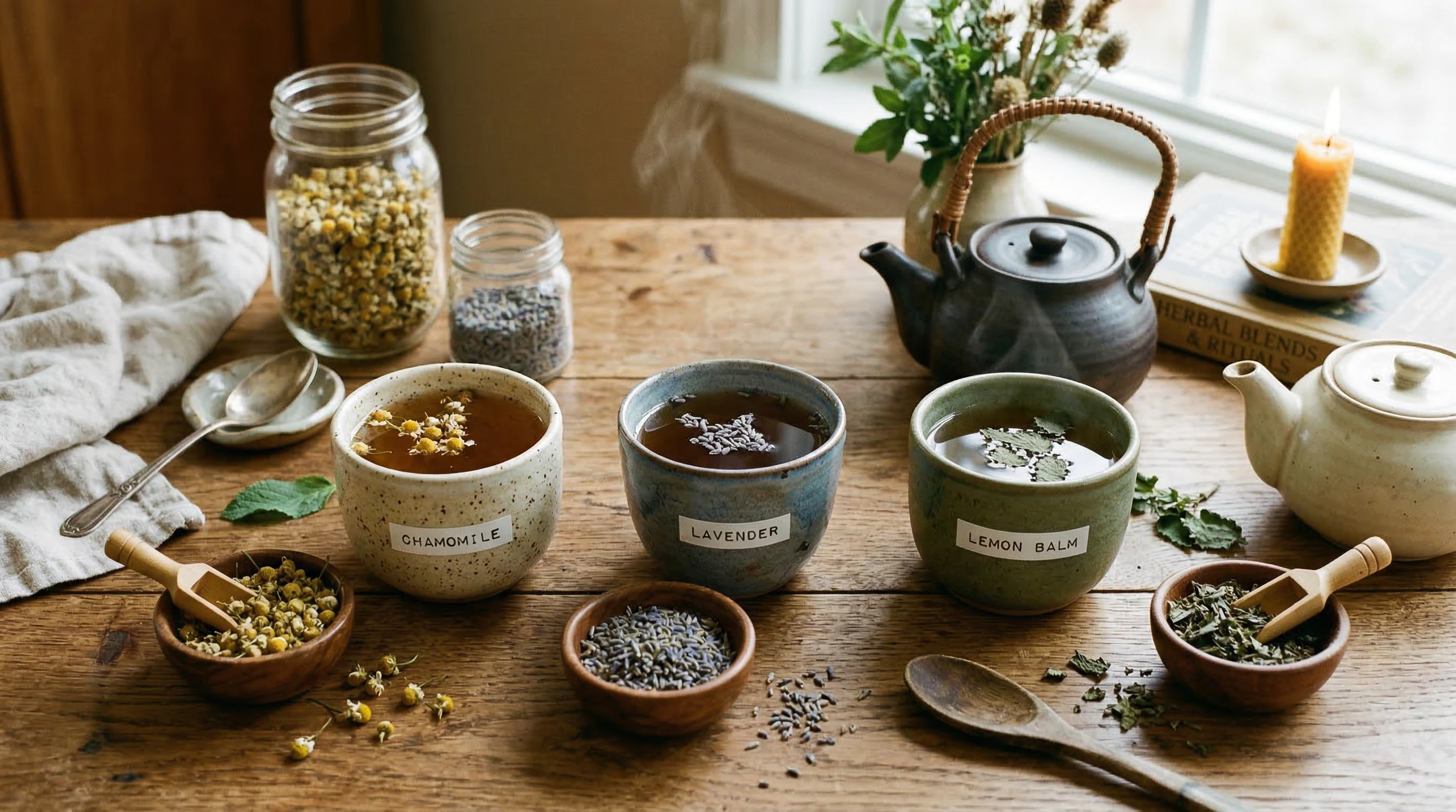 Variety of calming tea blends in ceramic cups, surrounded by loose herbs and tea leaves.