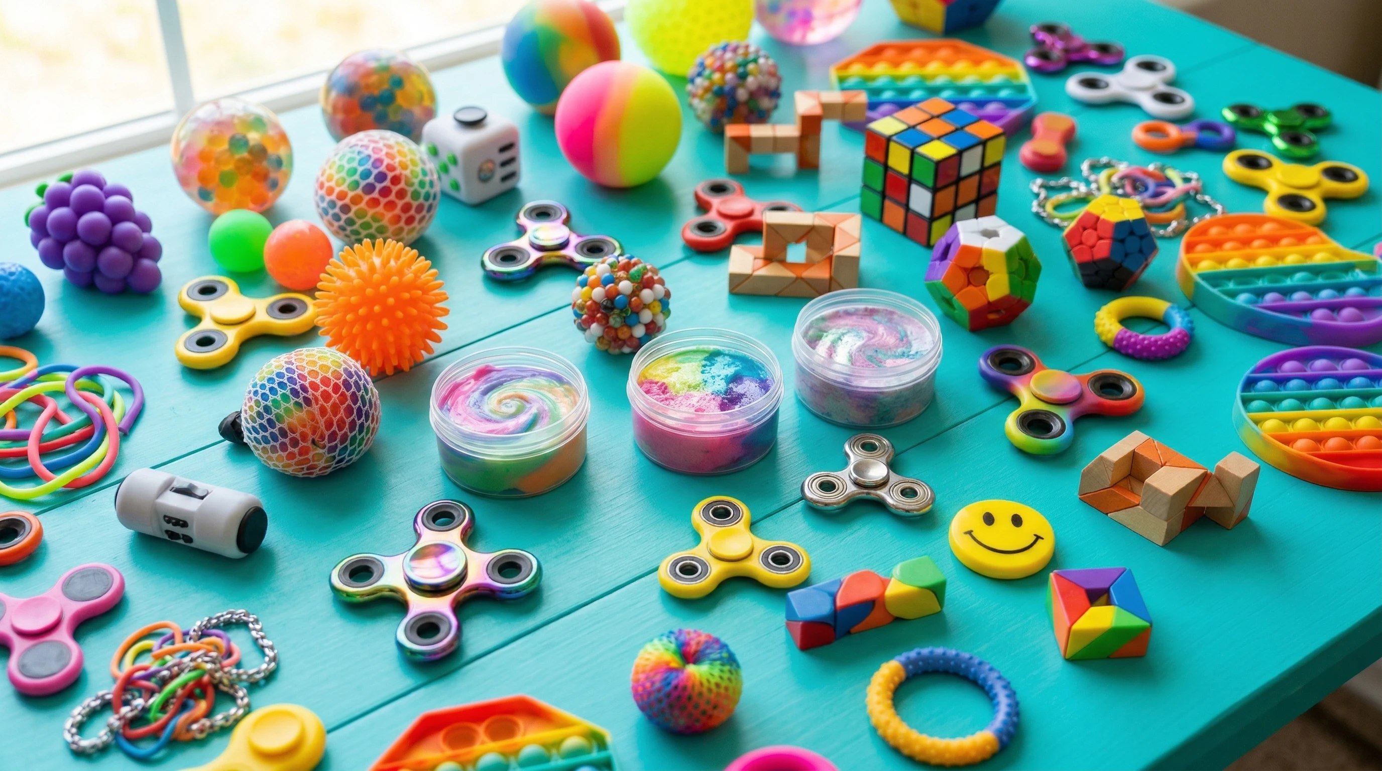 A colorful collection of stress relief toys, including fidget spinners, squishy balls, and puzzle cubes on a bright surface.