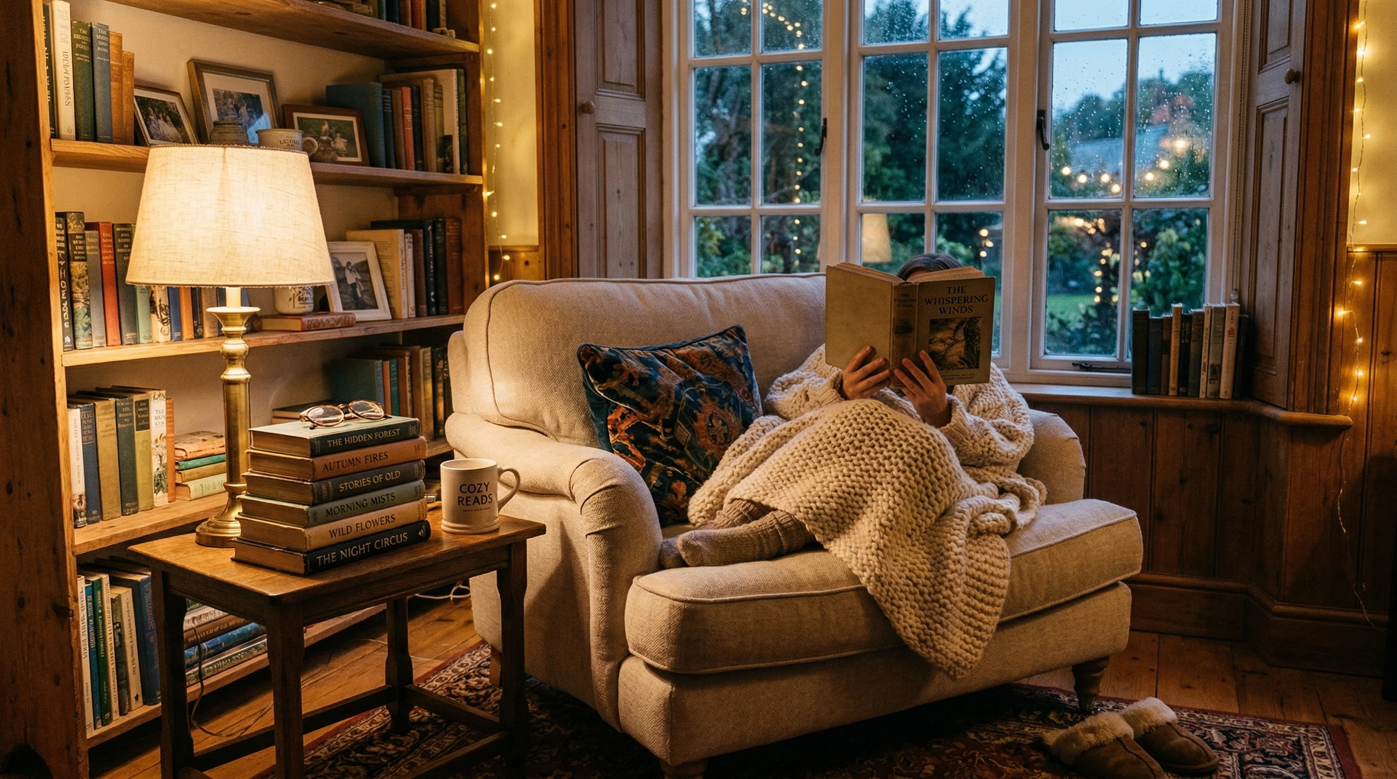 A cozy reading nook with soft lighting, a stack of books, a comfy chair and a blanket, perfect for relaxing with a good book.