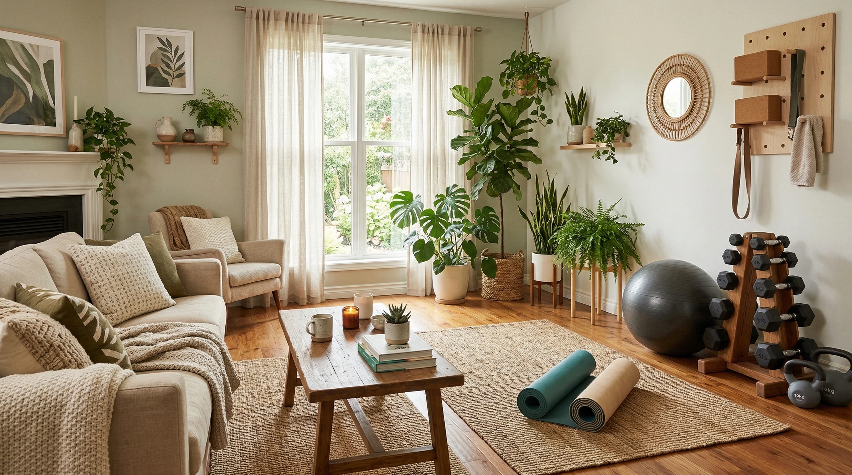 A cozy living room with exercise equipment, yoga mats, plants, and calming decor