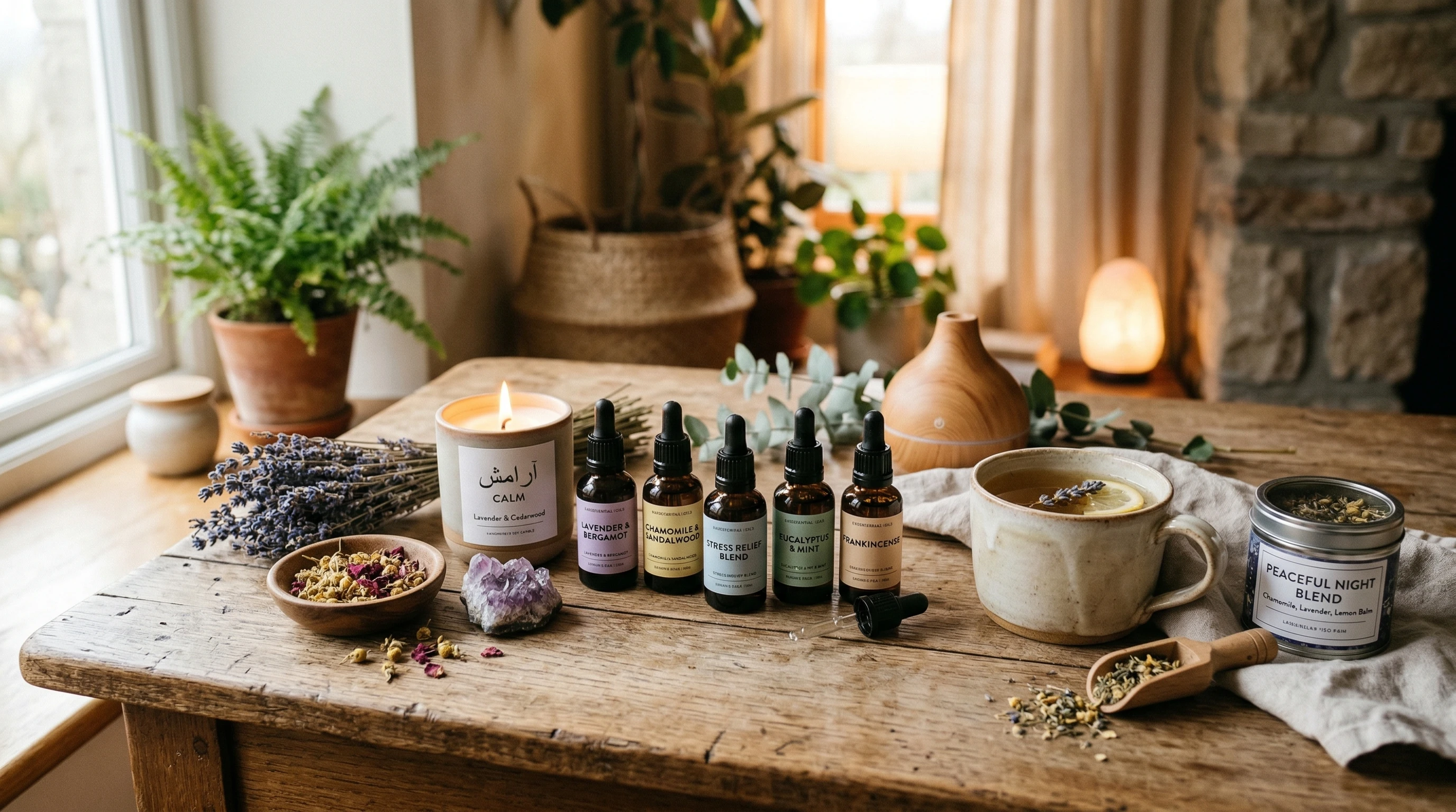A calming collection of natural stress relief products including essential oils, herbal teas, and soothing candles