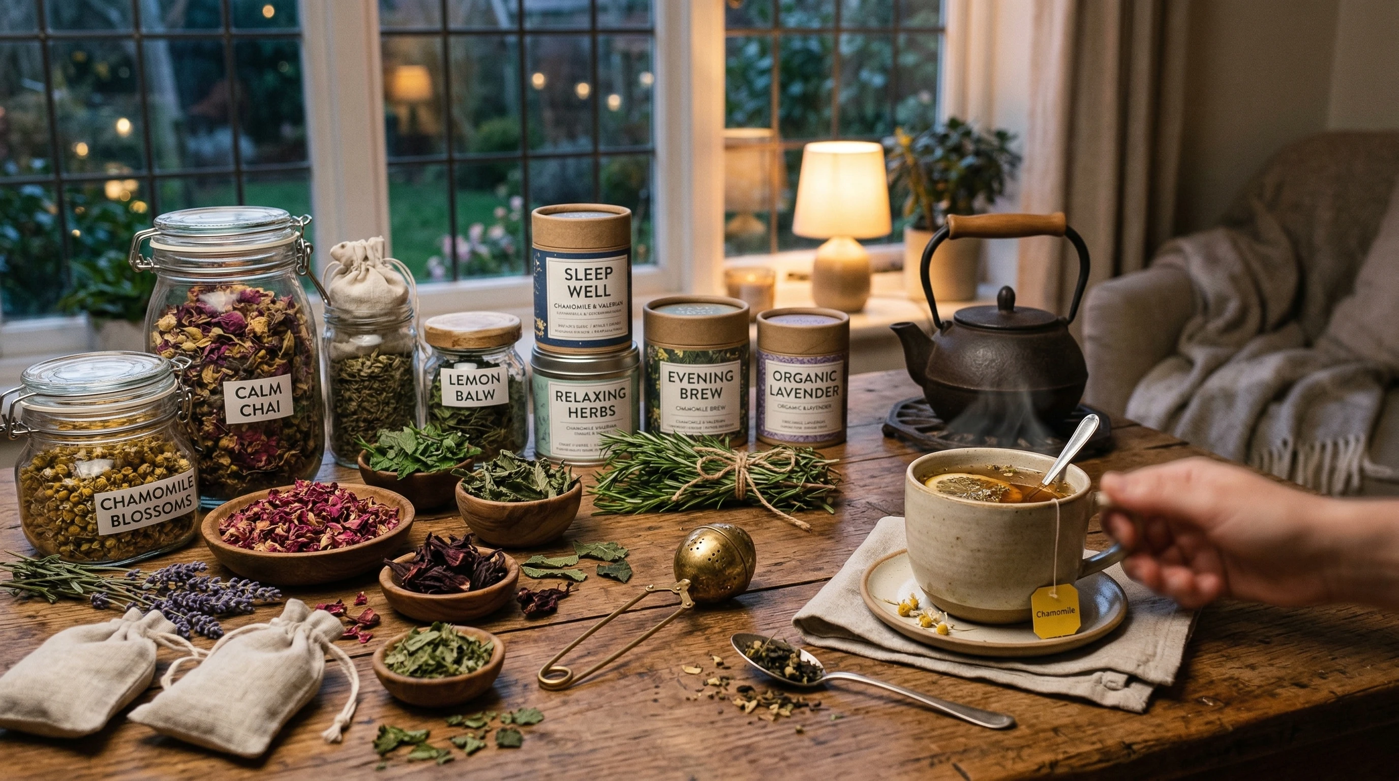 Assorted herbal teas and dried herbs displayed on a wooden table next to a cup of tea.