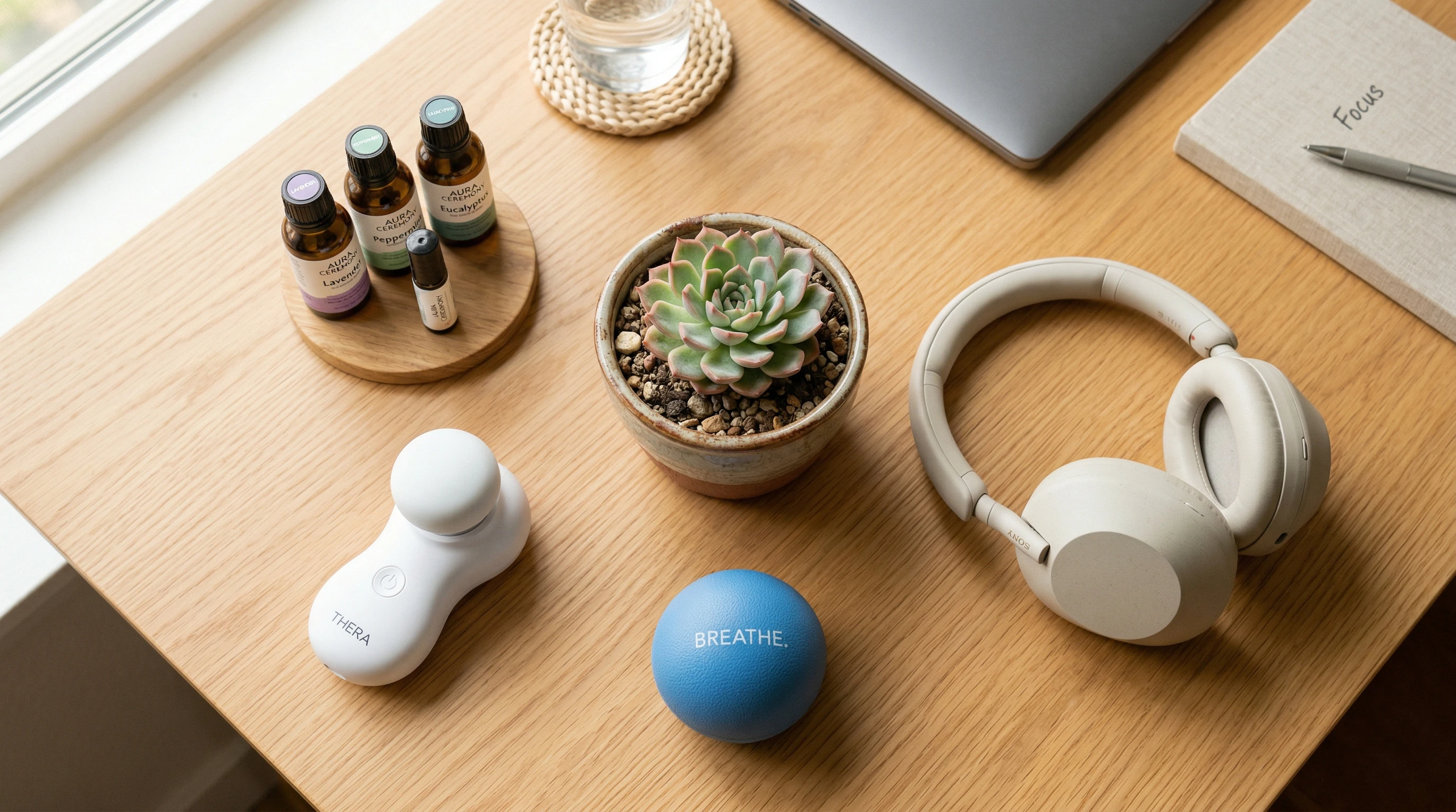 A calming workspace with stress relief products including a desk plant, aroma diffuser, and stress ball