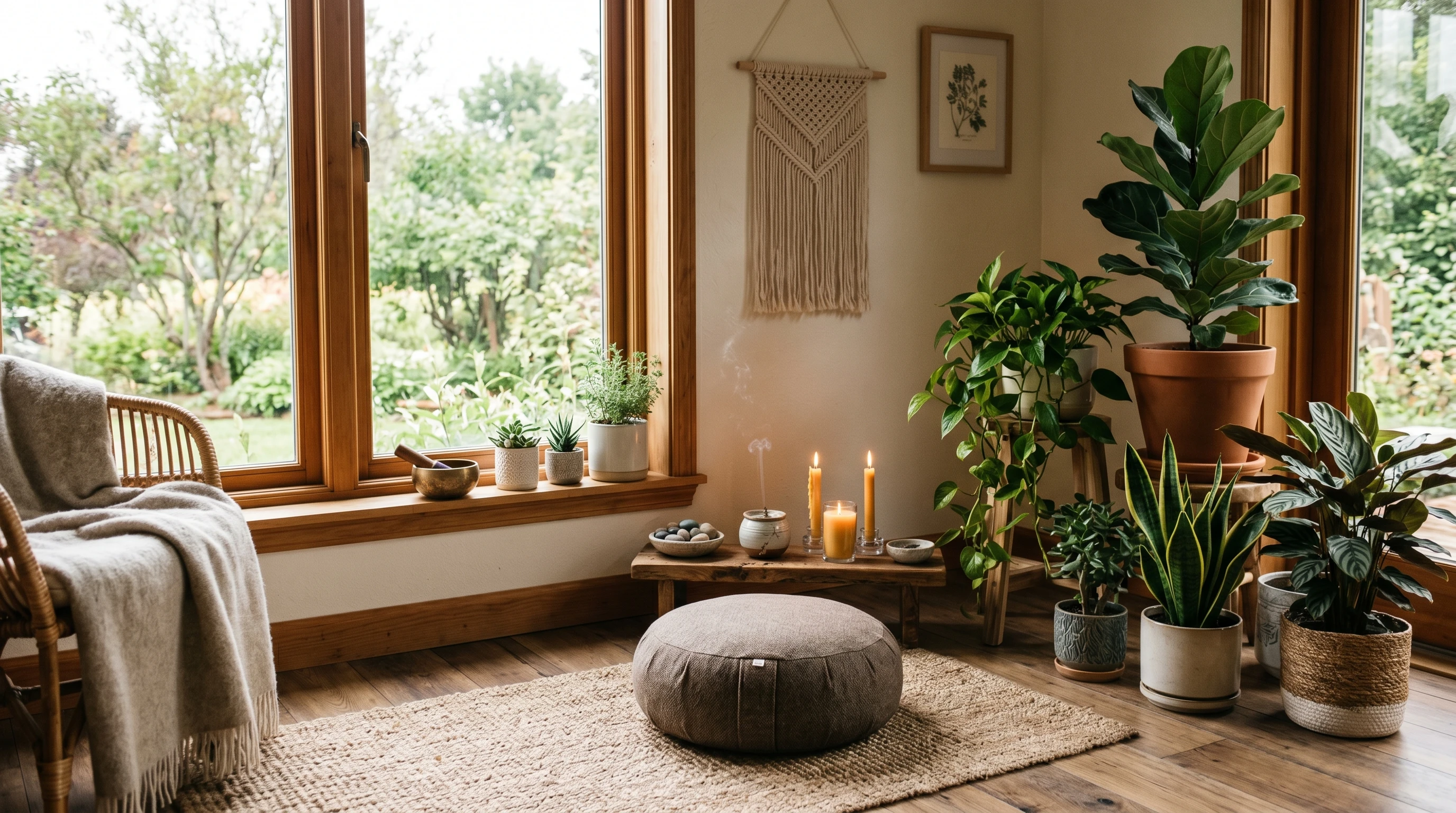 calm meditation corner with plants and candles