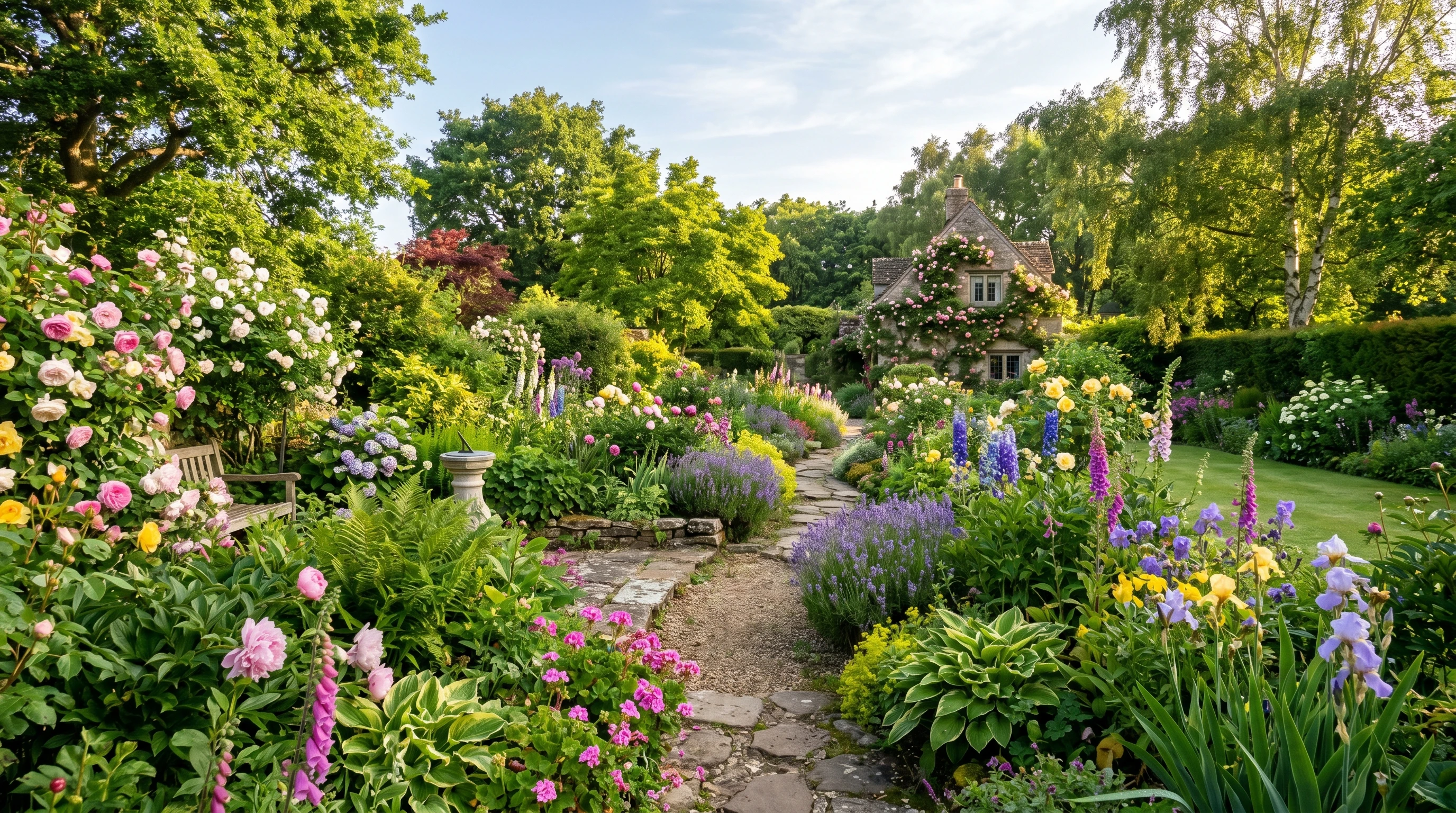 peaceful green garden in morning sunlight with blooming flowers and lush foliage