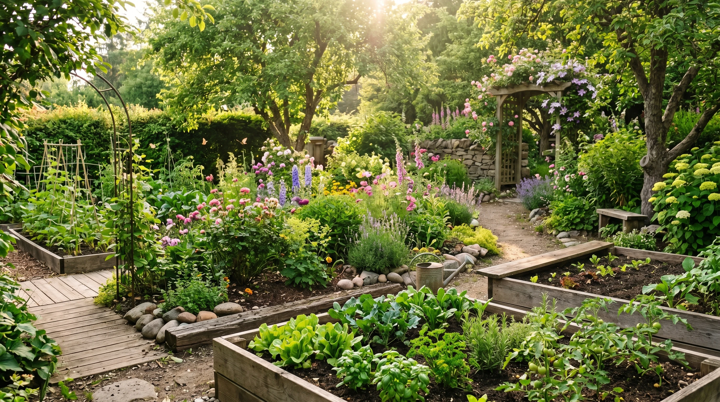 Calm garden scene with diverse plants, flowers, and soil patches under soft sunlight