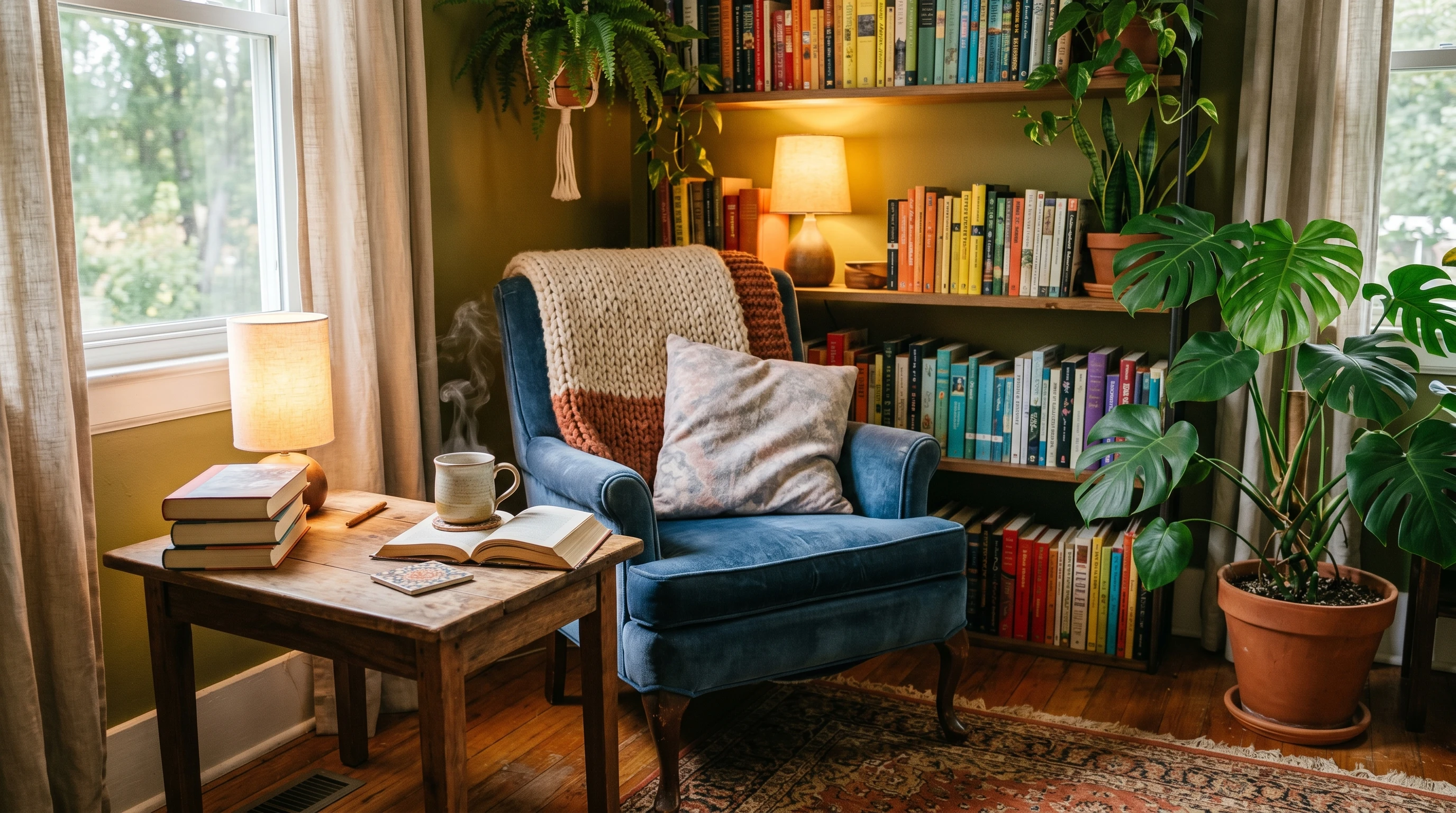 Open book on a relaxing desk with a cozy background