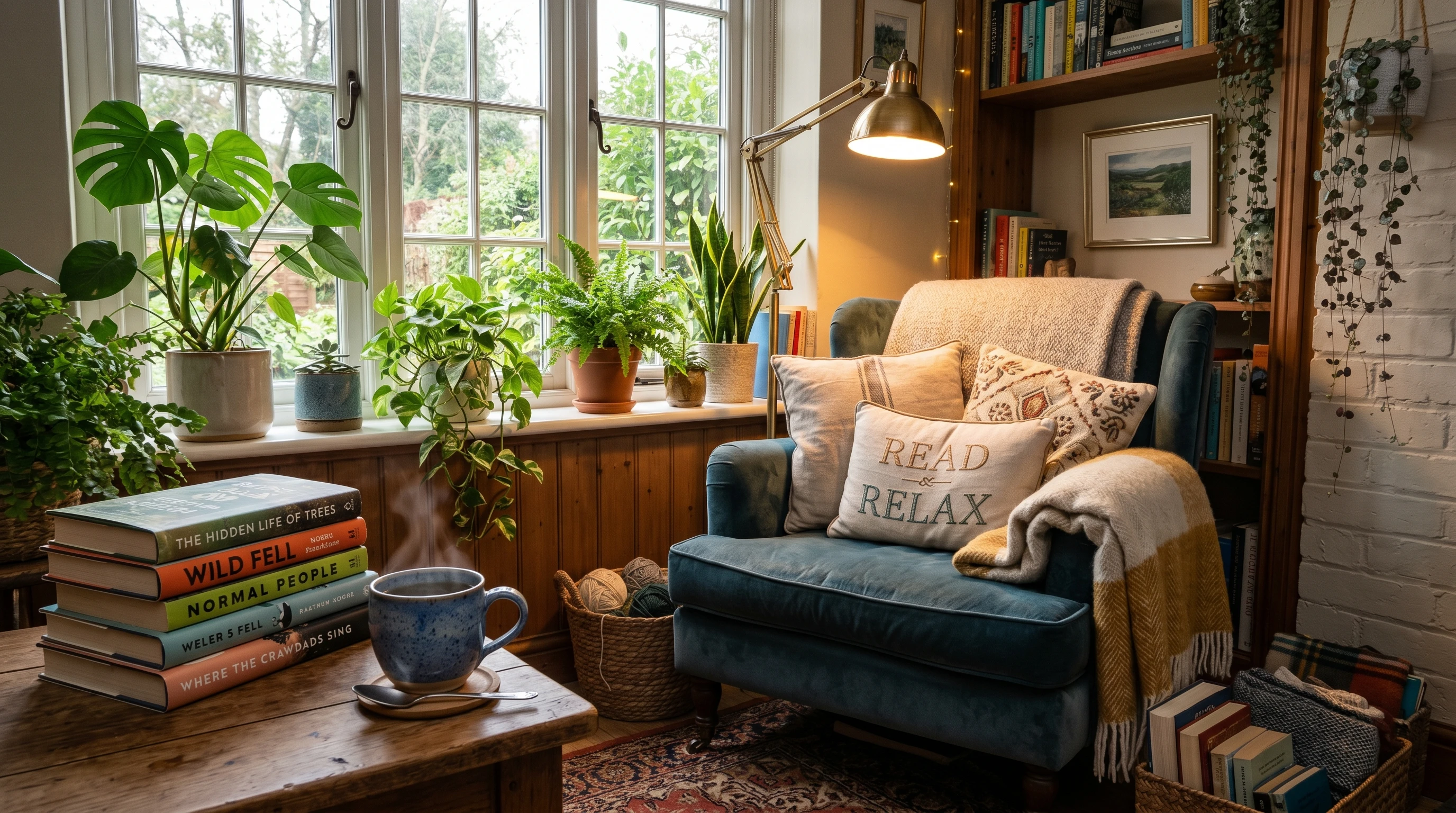 Stack of colorful books, cozy reading nook, and a mug of tea