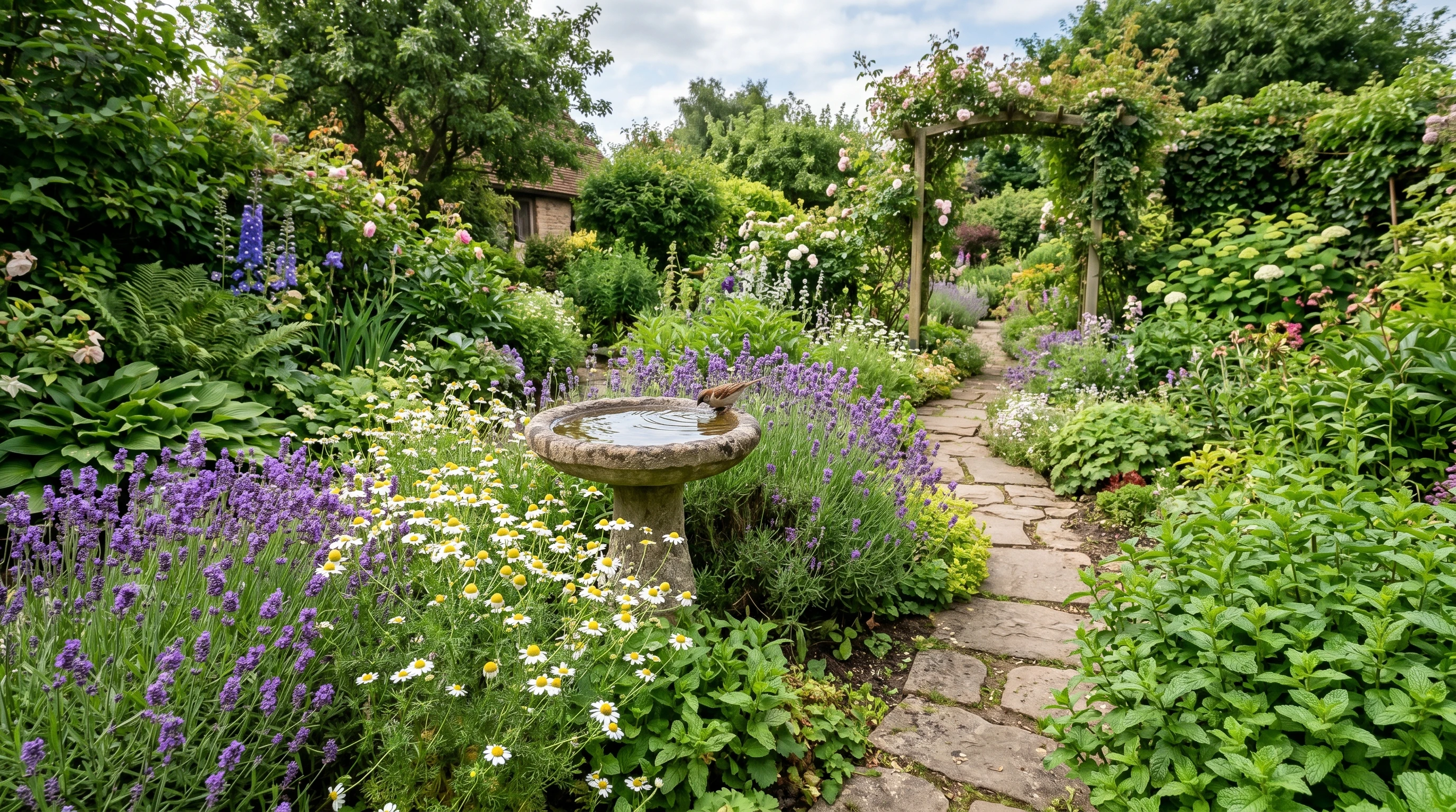 Serene outdoor garden with stress-relieving plants
