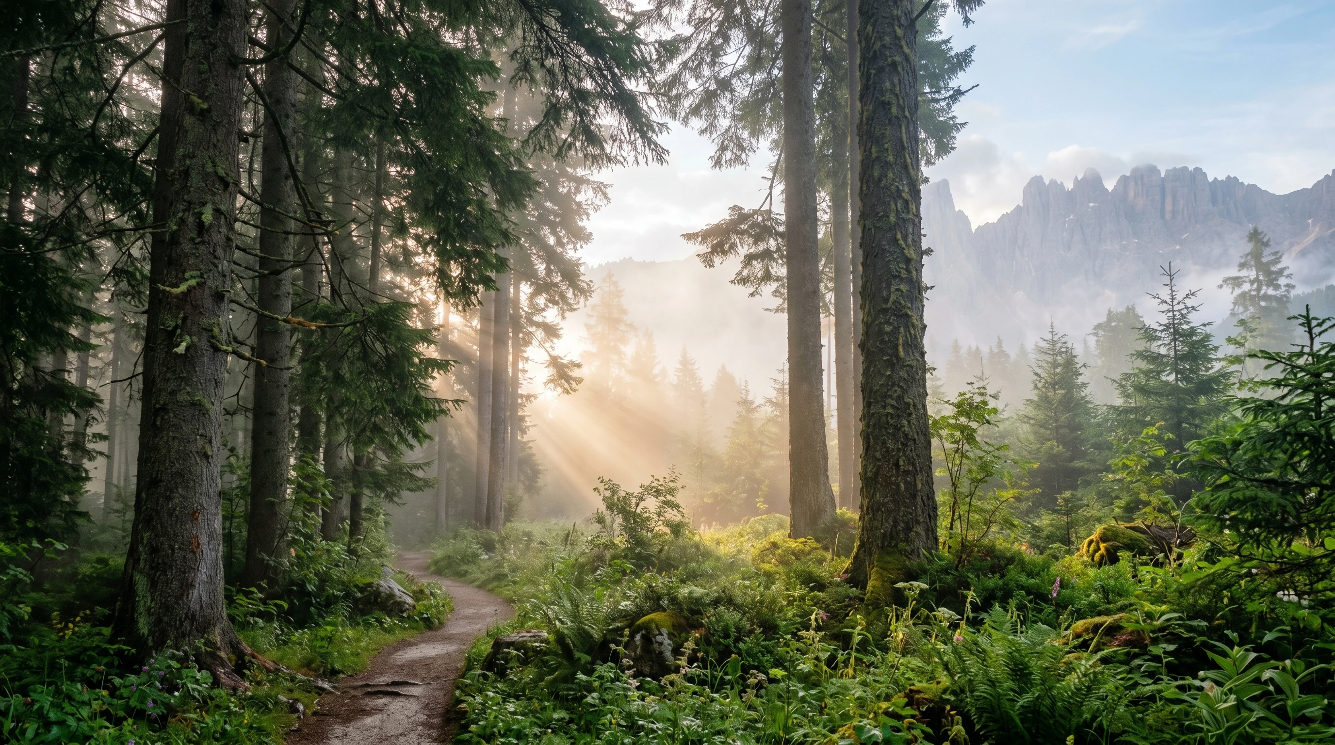 Misty forest in the early morning with sunlight filtering through tall trees. Mountain backdrop, green plants, and serene landscape.