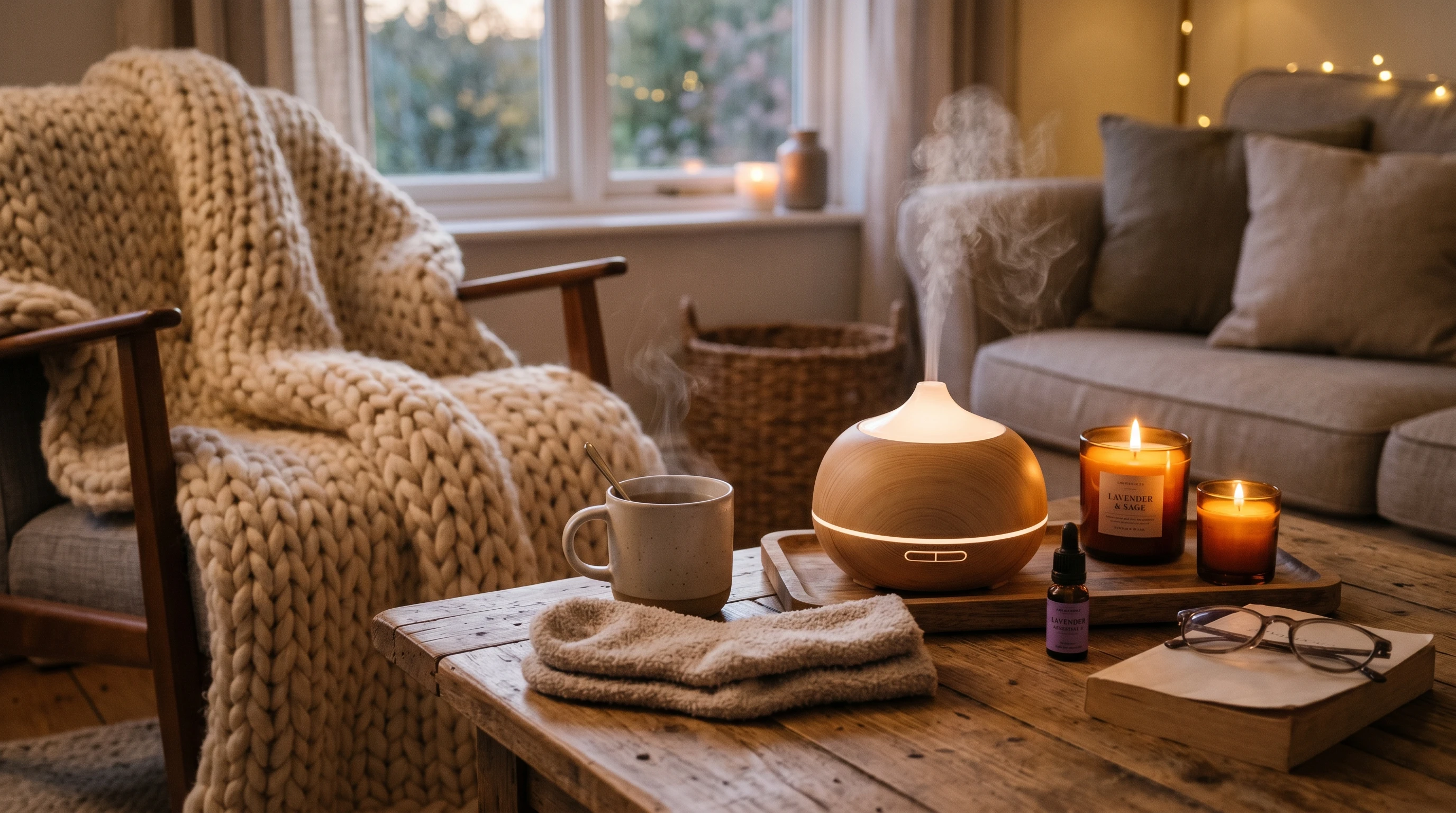 collection of calming stress relief gifts like diffusers, candles, and soft blankets on a table