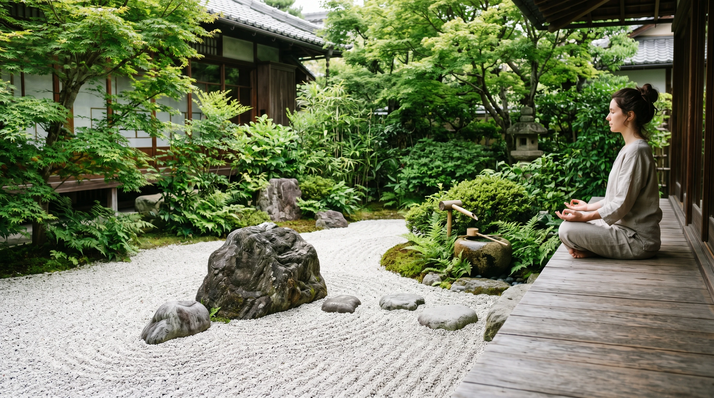 A calming scene featuring a peaceful zen garden with smooth raked sand, stones, and green plants, representing relaxation and mindfulness techniques.