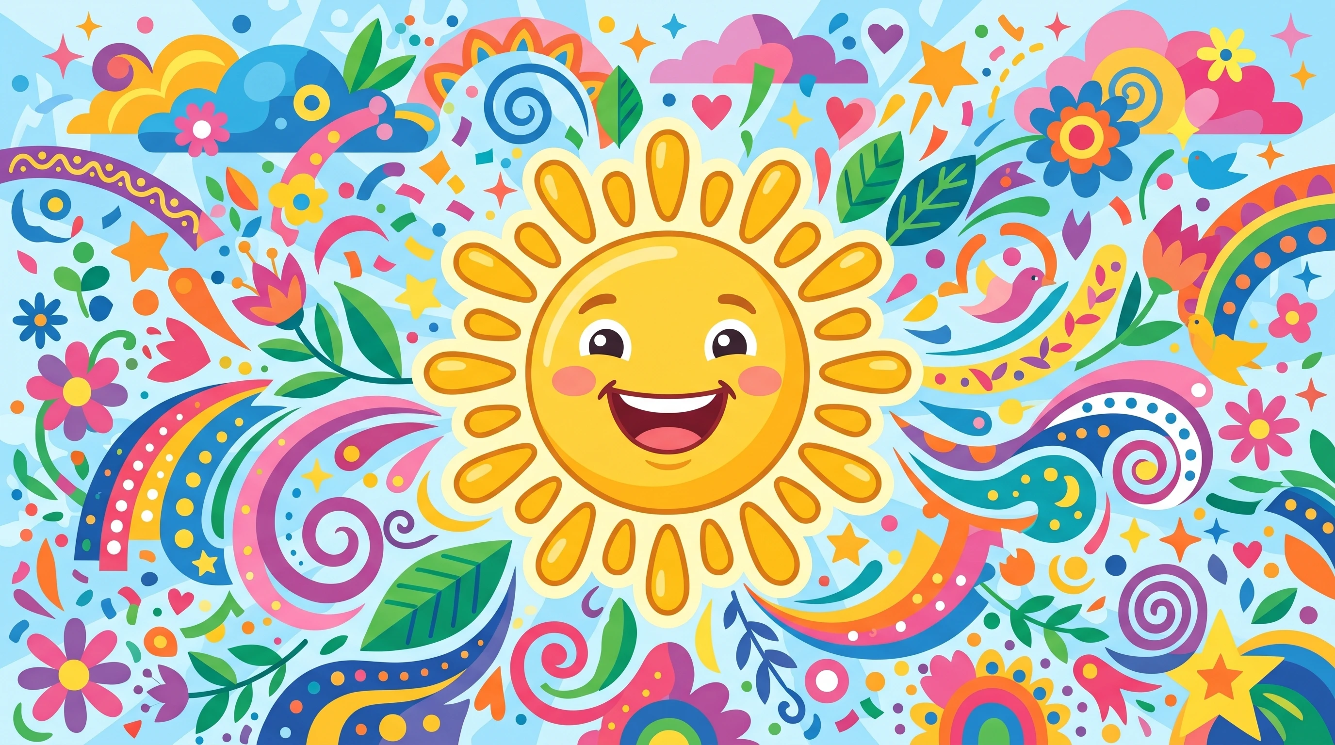 A happy cartoon sun surrounded by abstract patterns symbolizing joy