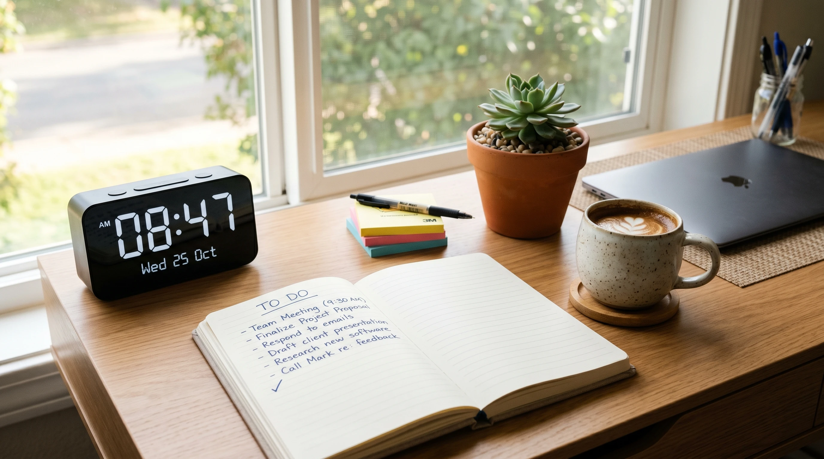 Checklist notebook and planner with coffee mug and calendar