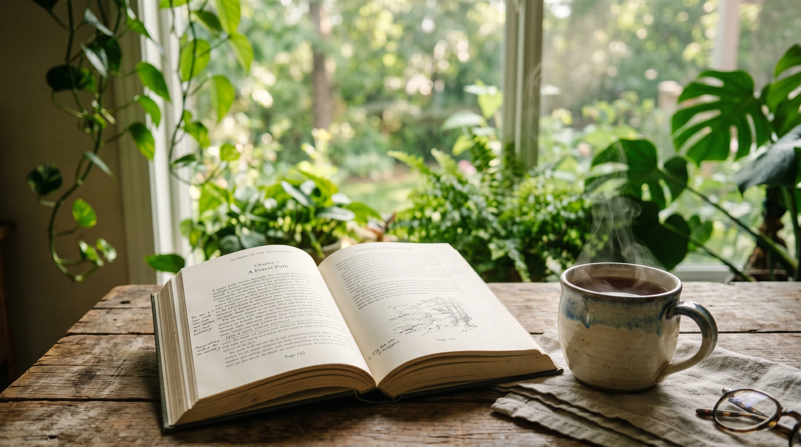 Open book with calm nature background