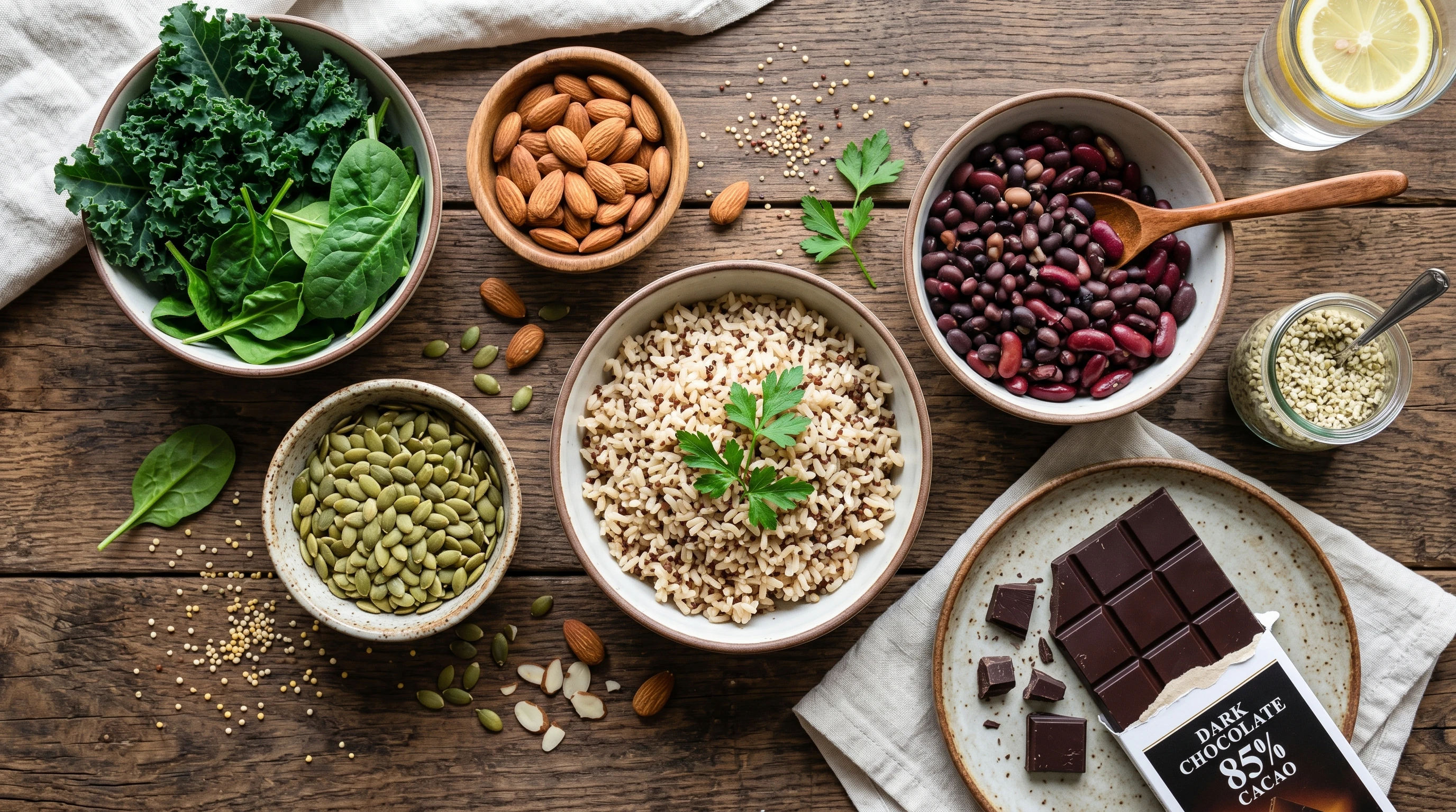 Assorted magnesium-rich foods: leafy greens, nuts, seeds, dark chocolate, and legumes on a table