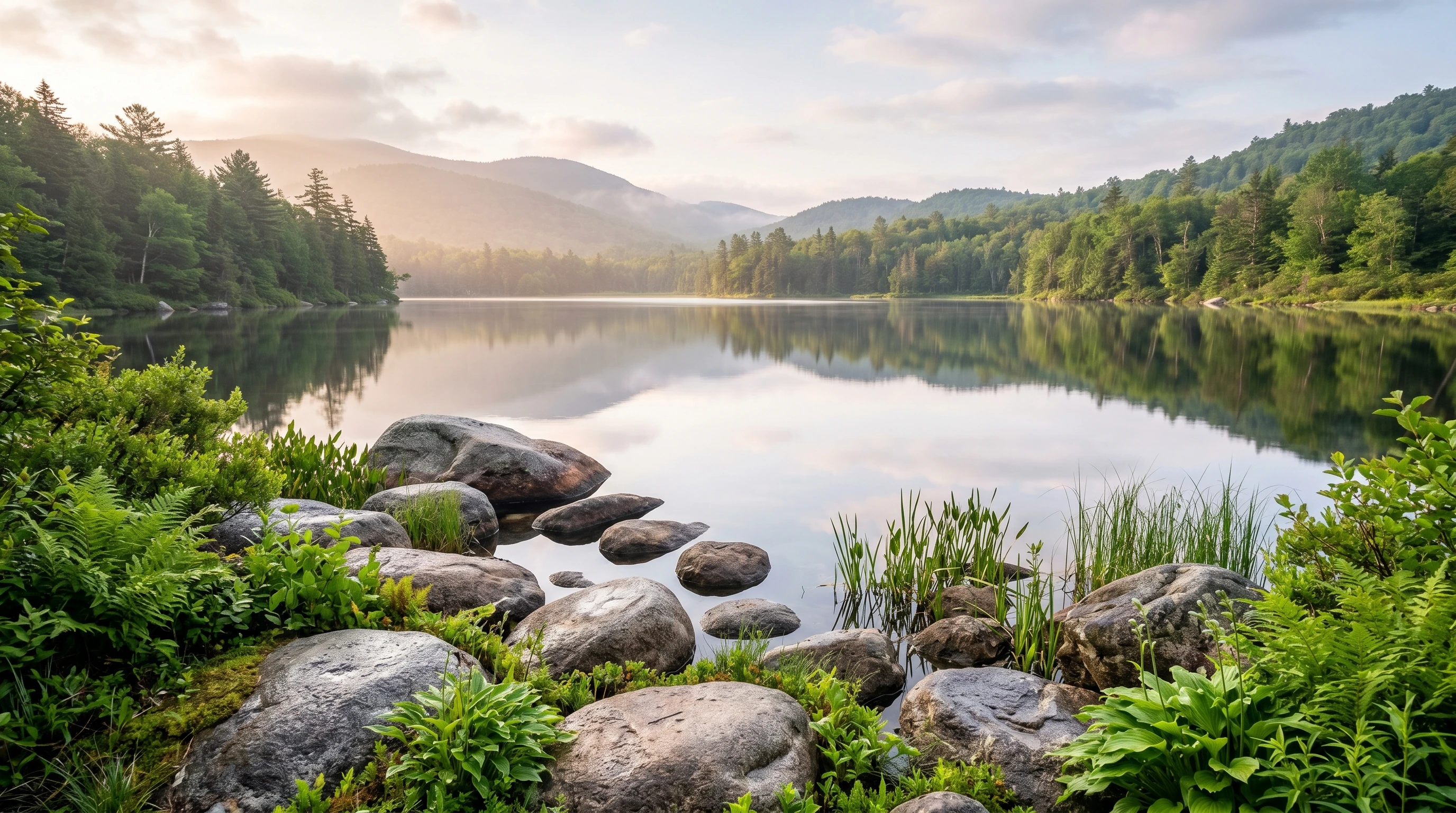 Serene landscape showing calm water, stones, and green plants for meditation and relaxation