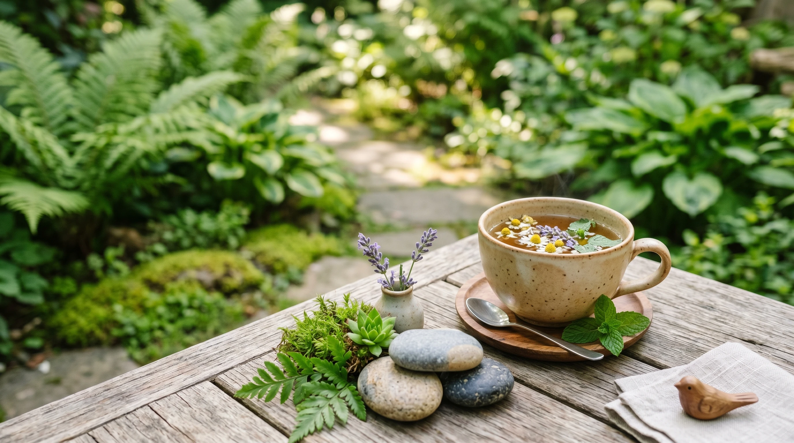 Holistic approaches to stress – calming natural scene with plants and stones