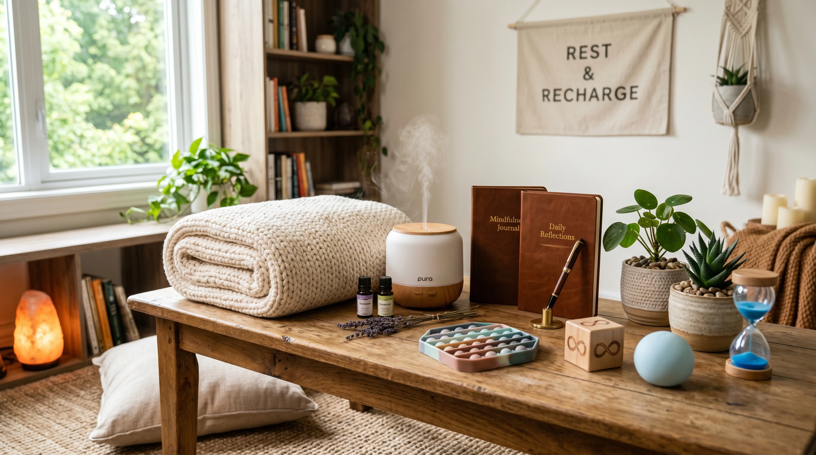 Stress relief gifts laid out on a cozy table