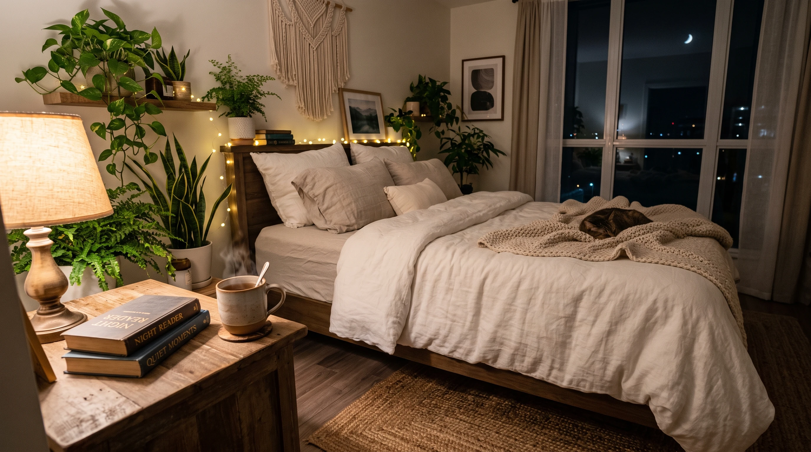 Calm bedroom with soft lighting, cozy blanket, and peaceful decor