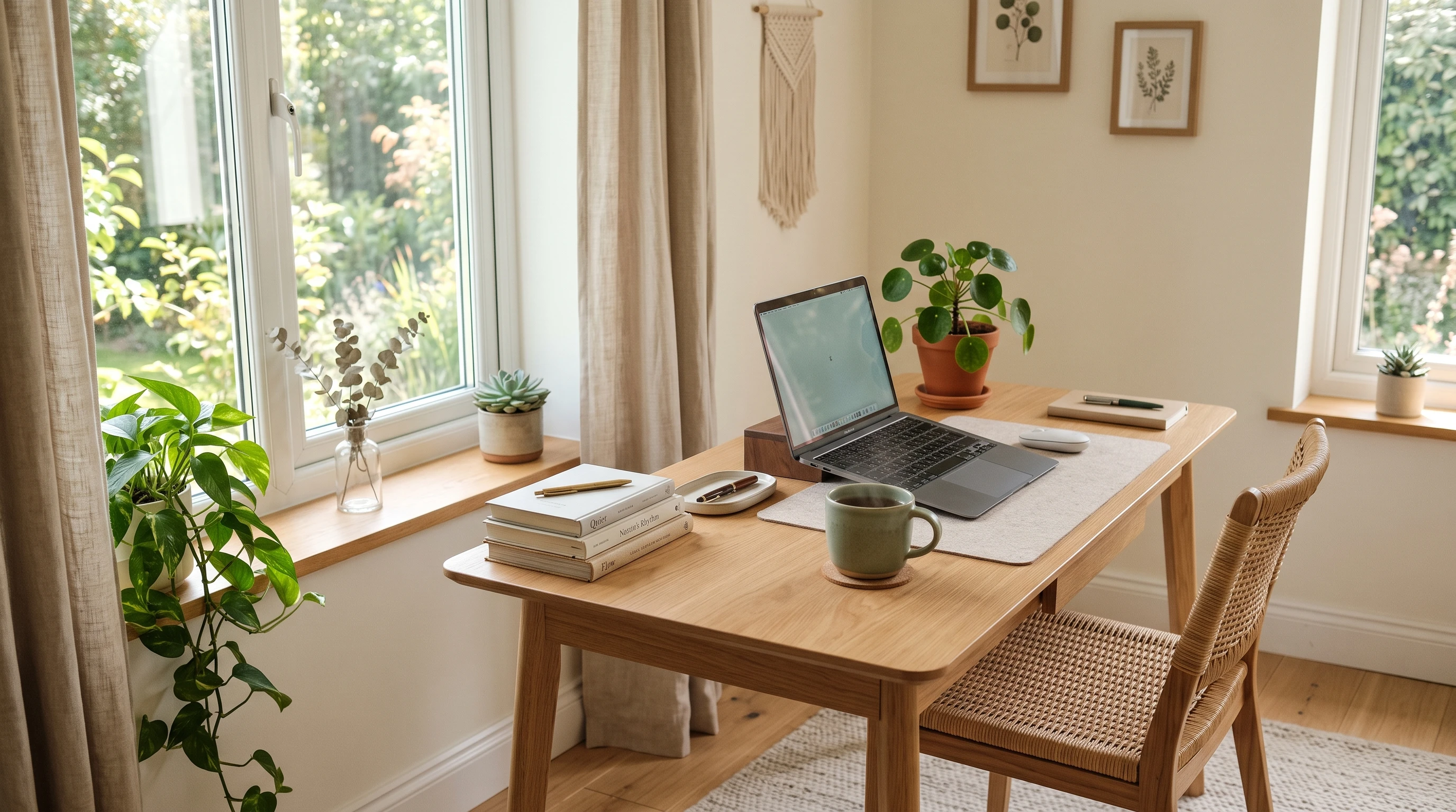 A peaceful workspace with calming colors, minimalist decor, plants, and a warm mug on a tidy desk. A soft glow from a window and subtle greenery add to the relaxing vibe. No people, just an inviting and stress-free atmosphere.