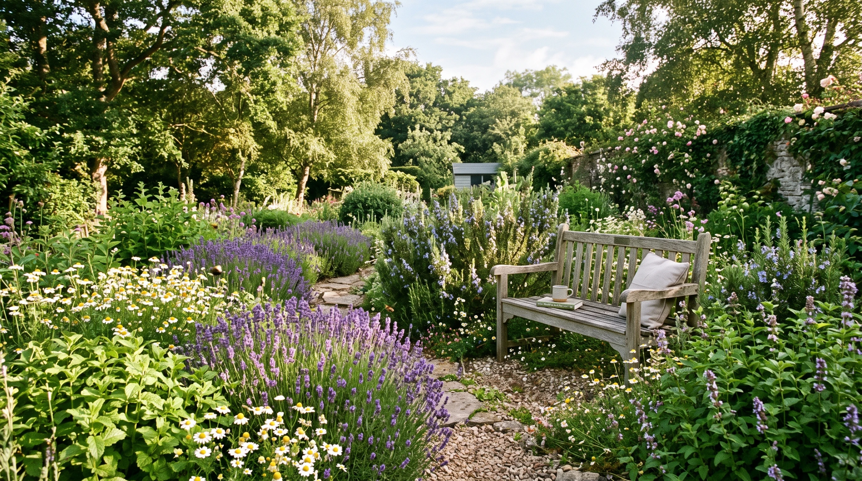 Aromatherapy garden with flowering herbs and lush greenery