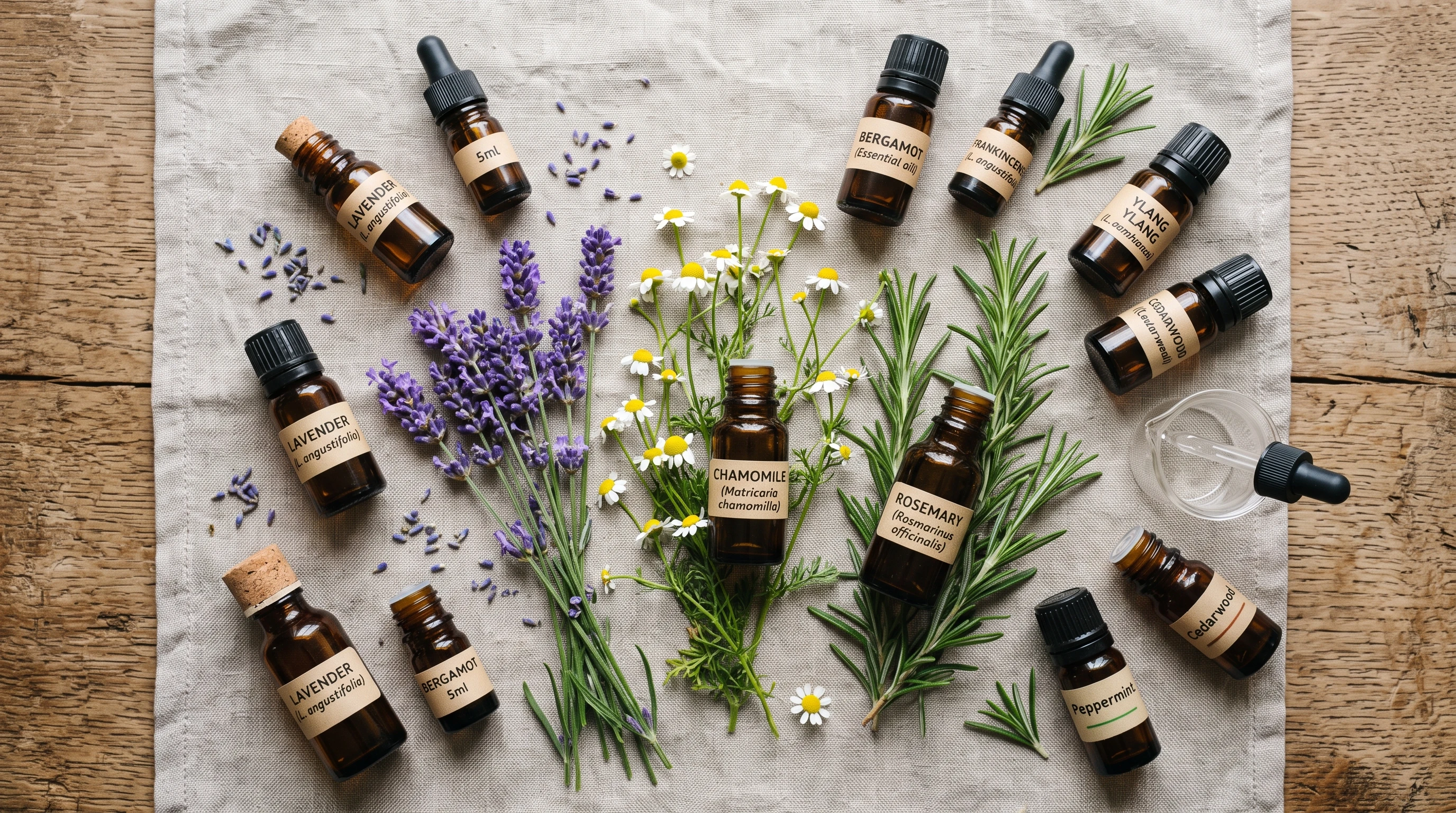Assorted essential oils arranged with calming herbs for stress relief