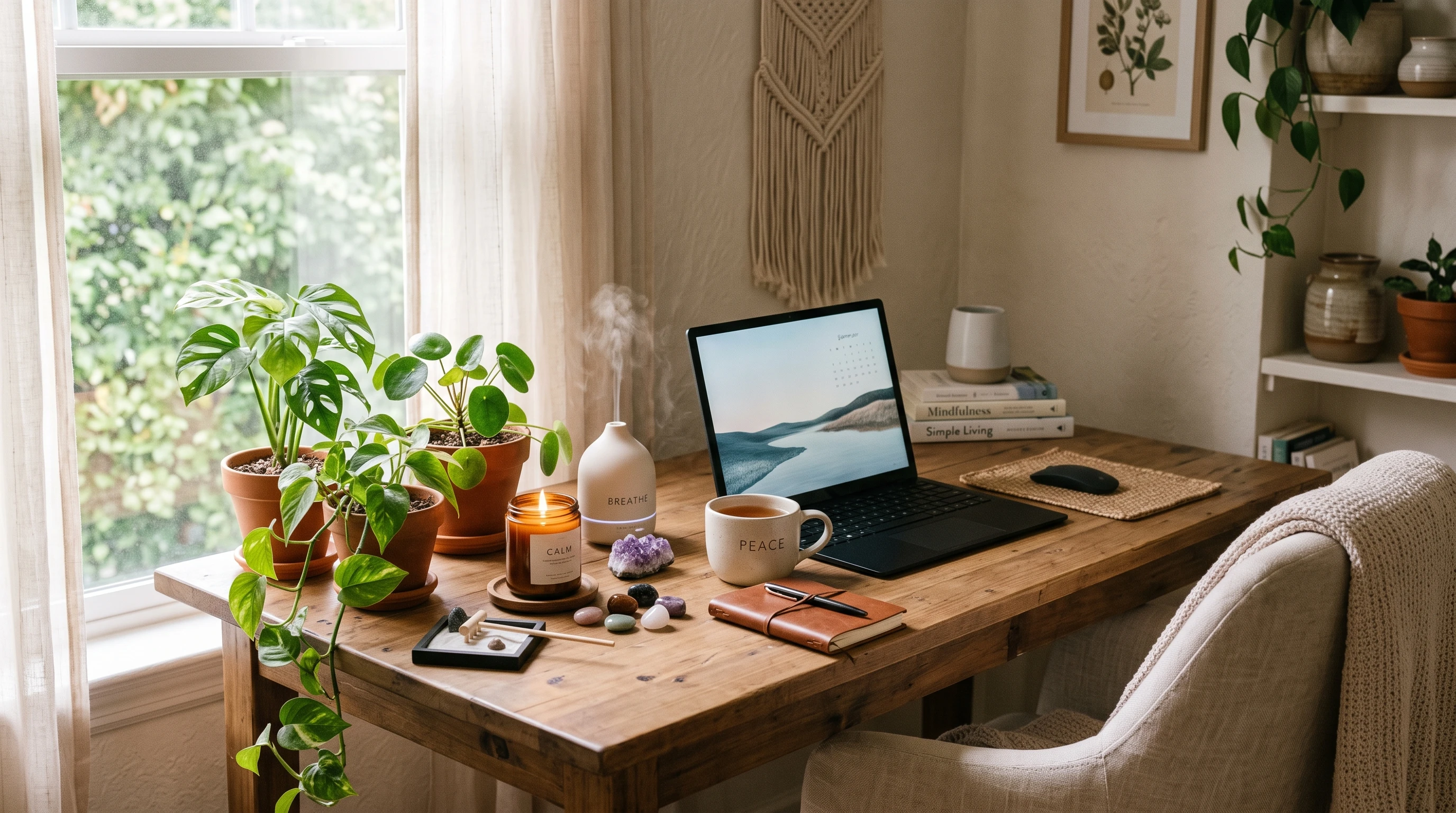 calm and peaceful setting with candles, plants, and cozy items for stress relief