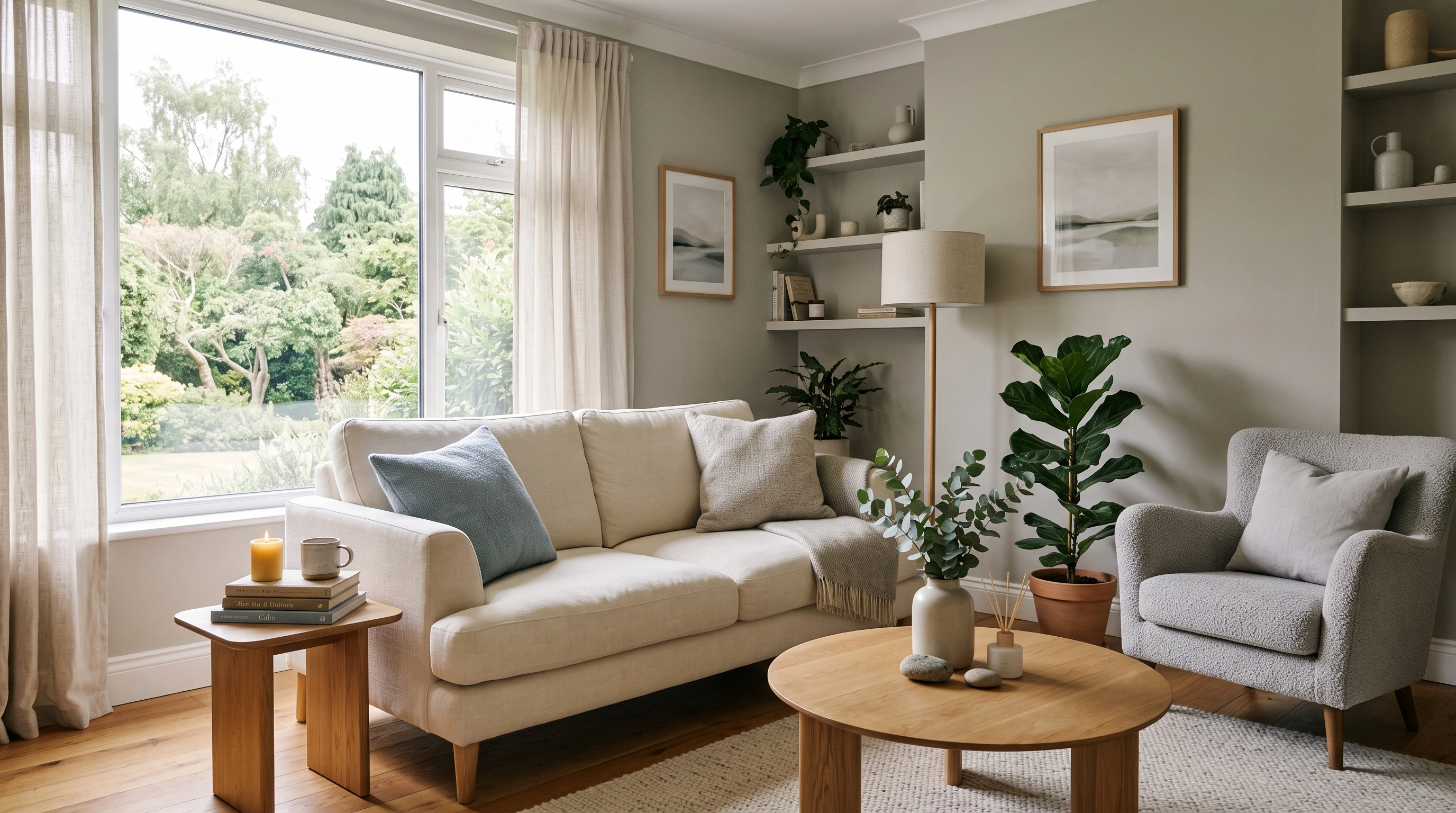 Calm and peaceful living room with soft natural light and gentle colors, symbolizing relaxation and calmness