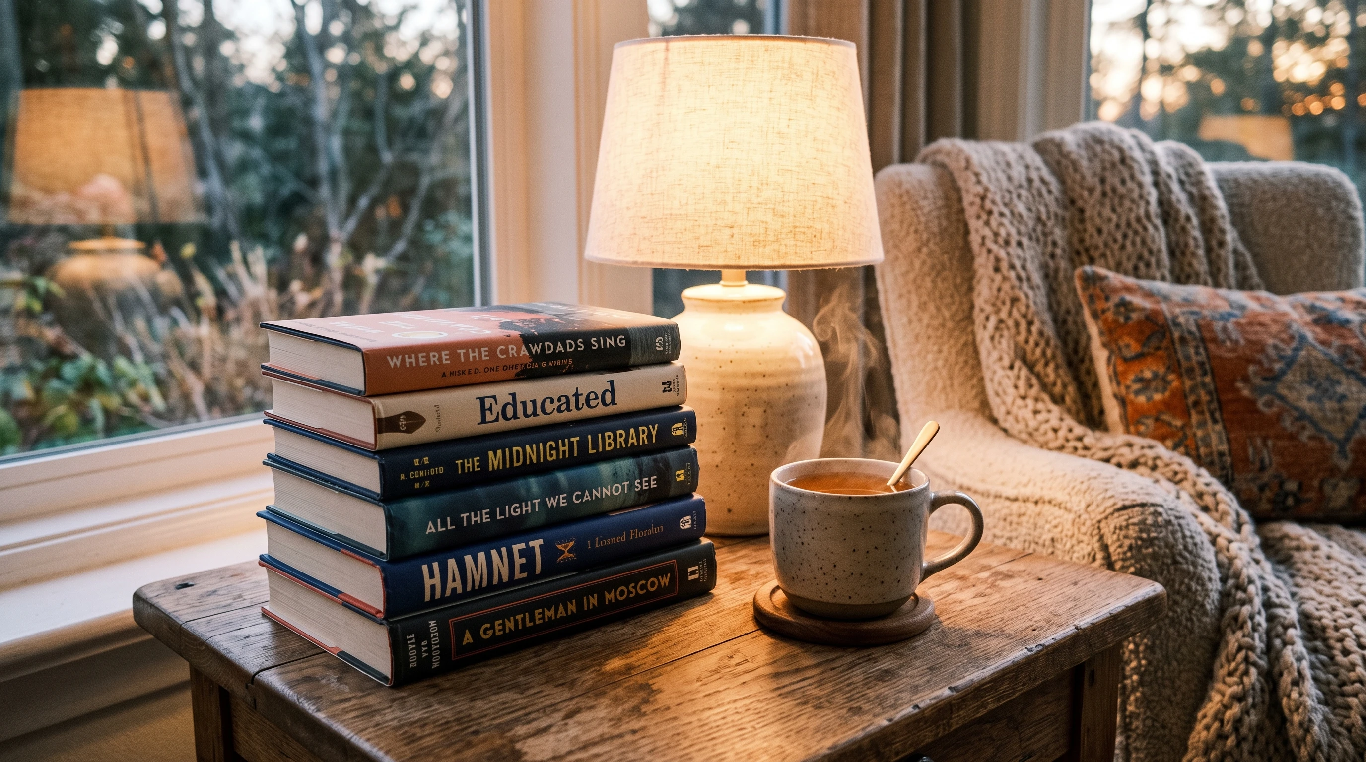 Stack of relaxing books by a cozy lamp