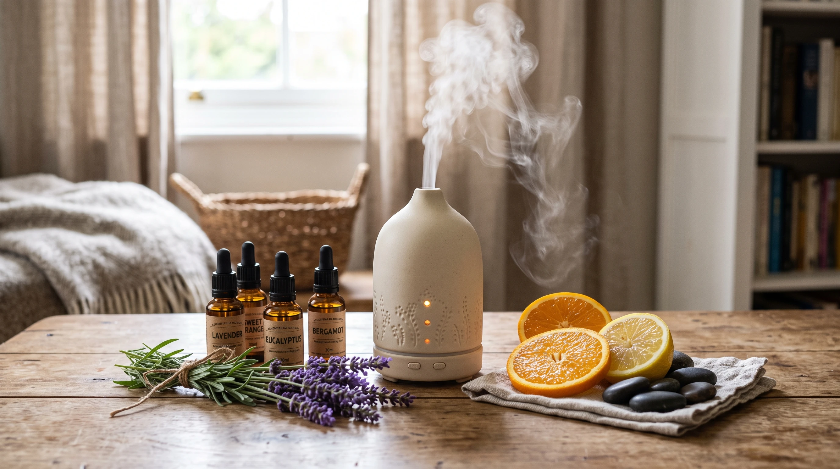 A cozy scene with essential oil bottles, a diffuser, and calming natural elements like lavender and citrus.