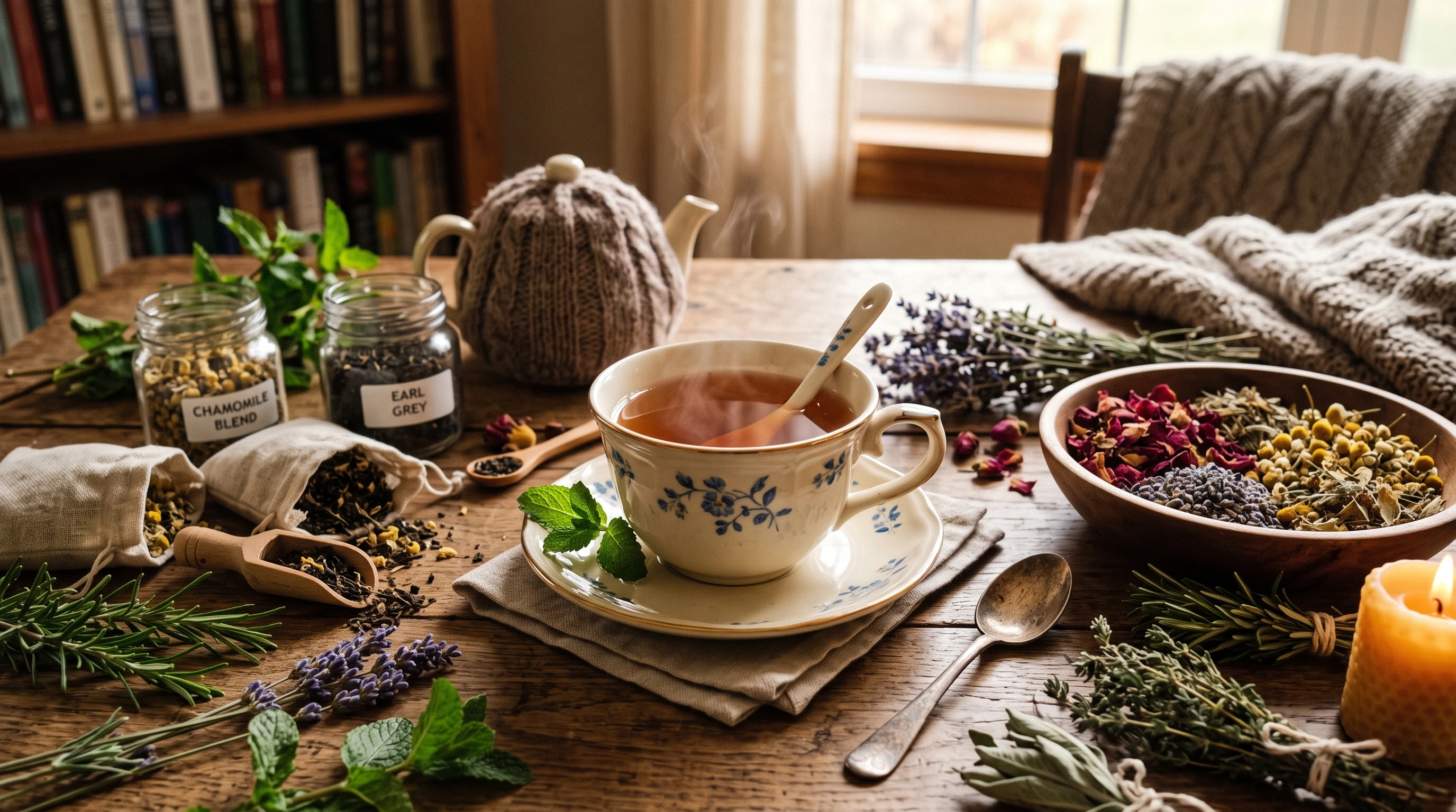 A cozy teacup on a wooden table surrounded by herbs, dried flowers, and loose tea