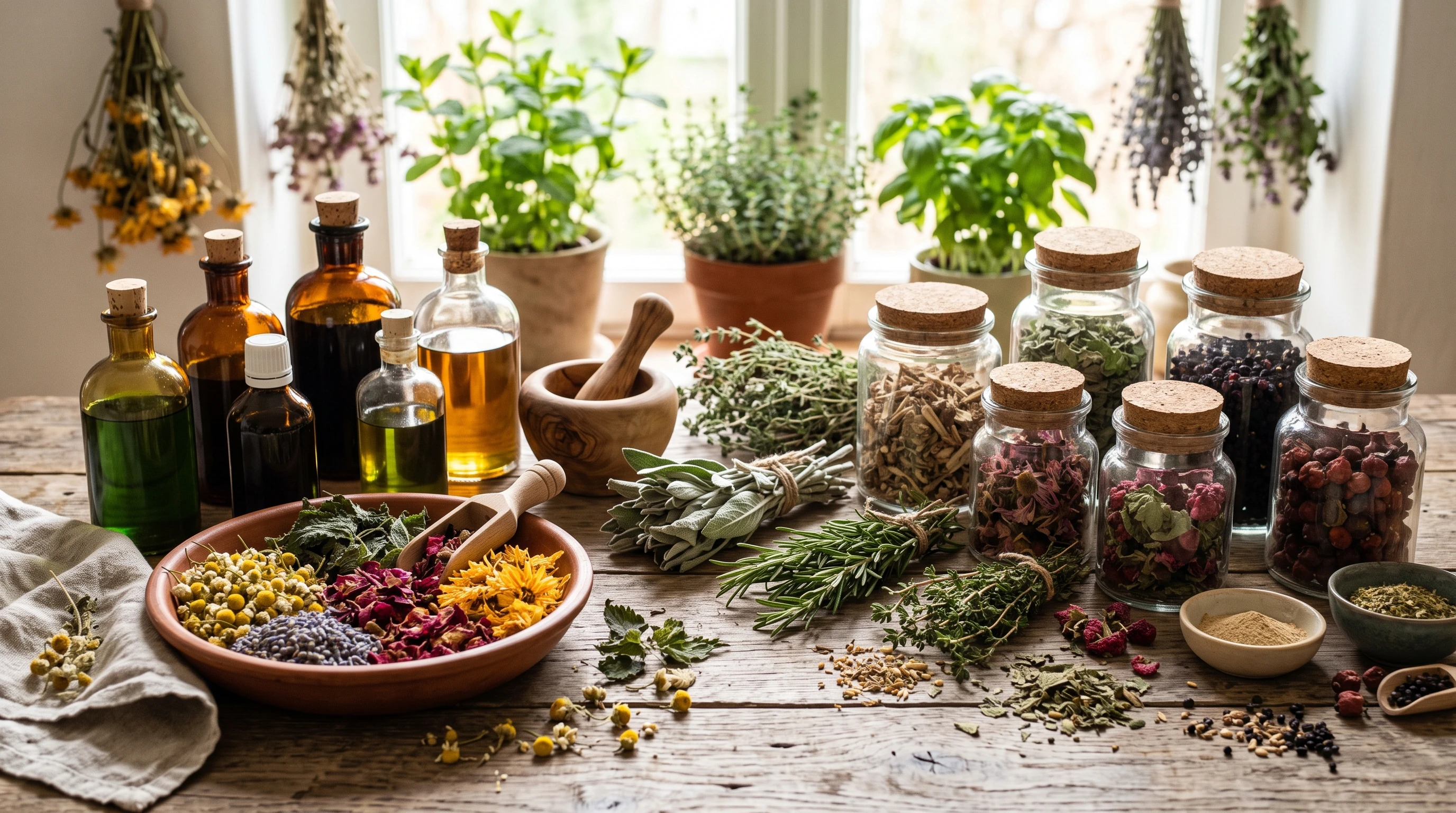 A collection of herbal supplements, teas, and dried herbs displayed on a wooden table.