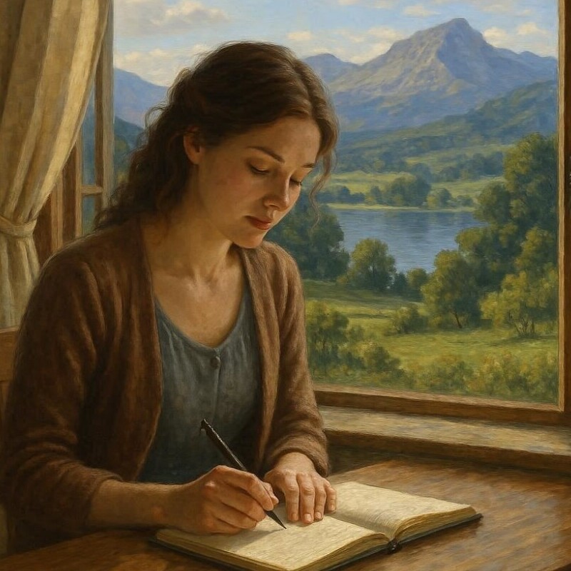 Woman Journaling, near with window with nice landscape