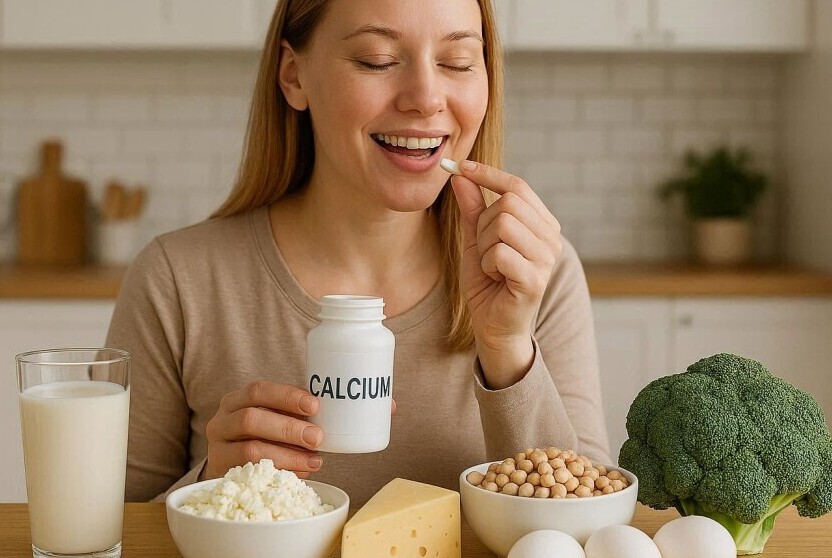 Woman Taking Calcium Supplements and Eating Food That Is Full of Calcium
