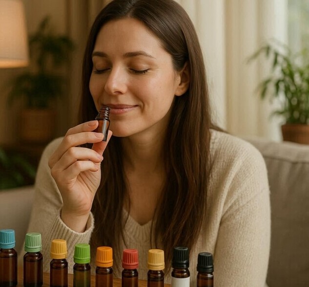 Woman Using Essential Oils and Enjoying It