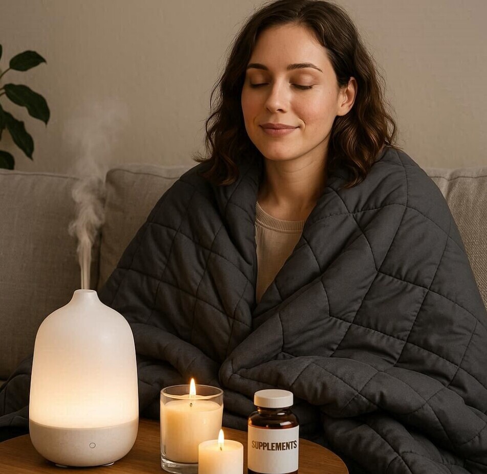Relaxing Woman With Stress Relief Products around