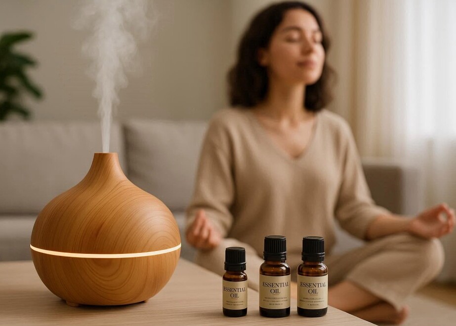 Aromatherapy for stress relief. Woman relaxing with diffuser on and enjoying nice essential oil aromas