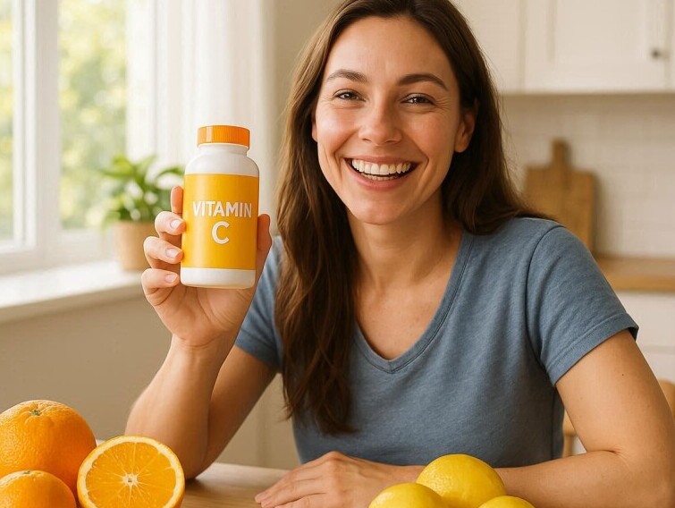 Woman with vitamin C supplement in her hands