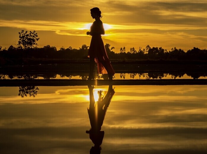 Woman Walking, Water, Sunset