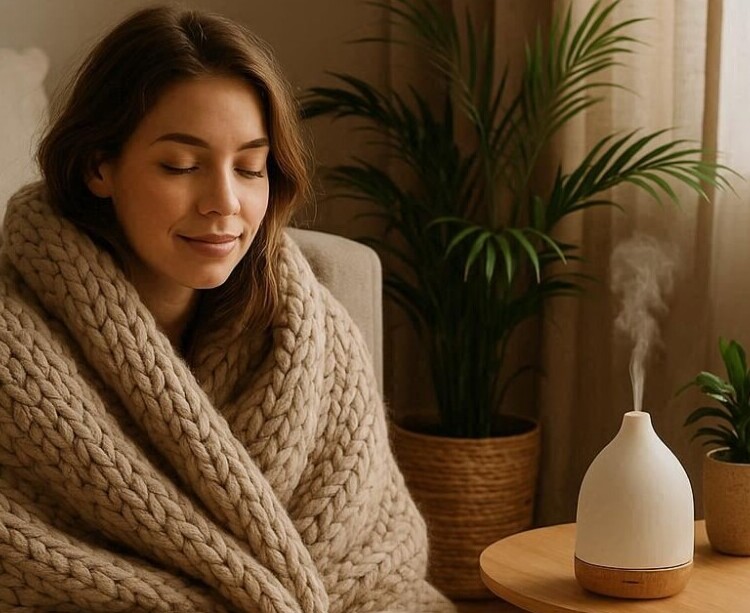 Girl Relaxing with Blanket and Diffuser on