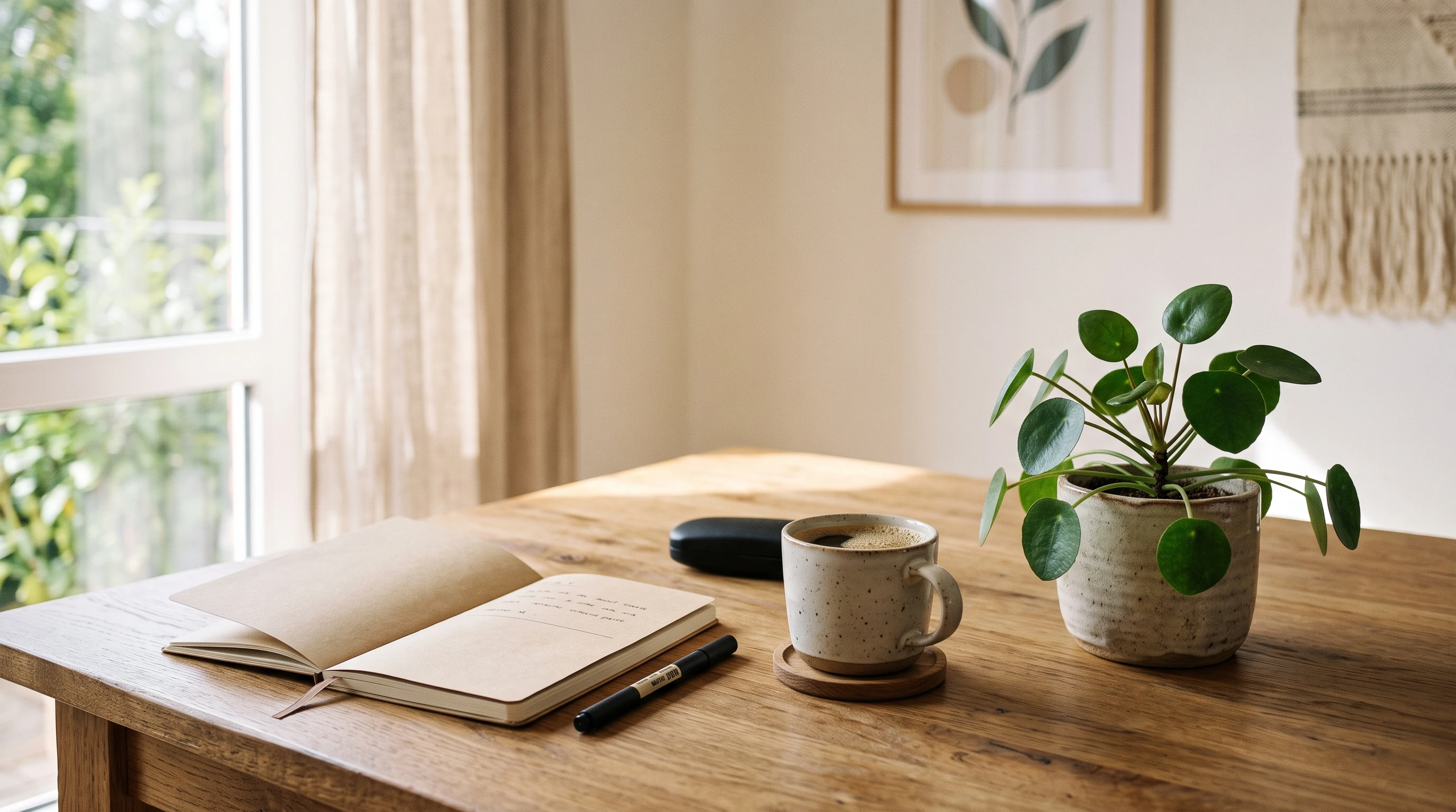 A calming minimalist workspace with a plant, notebook, and coffee on a wooden table, with warm morning light.